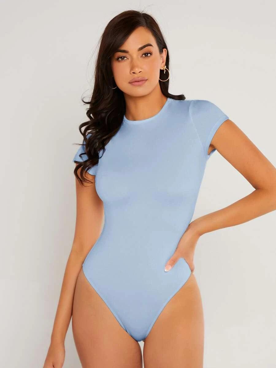 Solid Slim Cut Round Neck Bodysuit-Comfy Jumpsuits