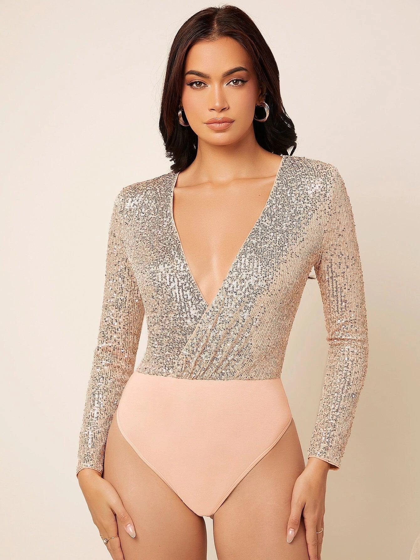 Neck Sequin Bodysuit-Comfy Jumpsuits