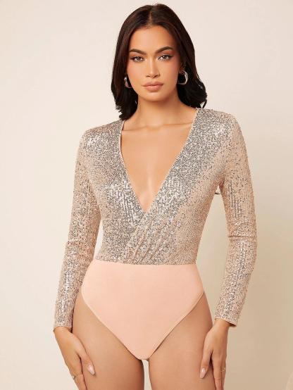 Neck Sequin Bodysuit-Comfy Jumpsuits