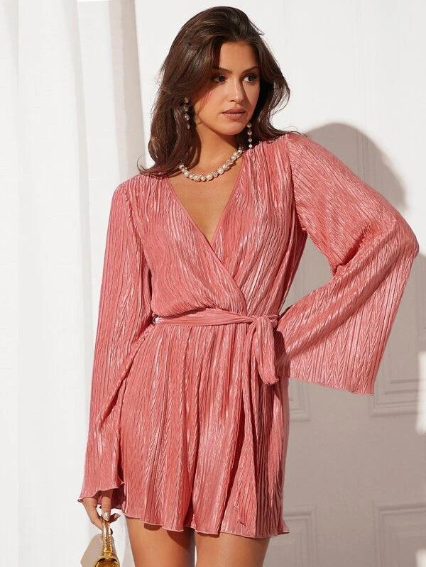 Surplice Neck Textured Belted Party Romper-Comfy Jumpsuits