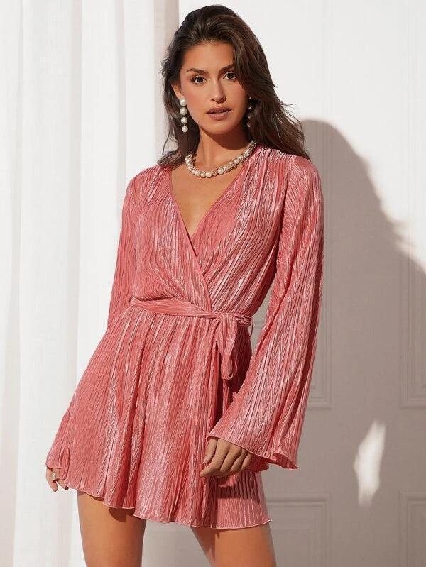 Surplice Neck Textured Belted Party Romper-Comfy Jumpsuits