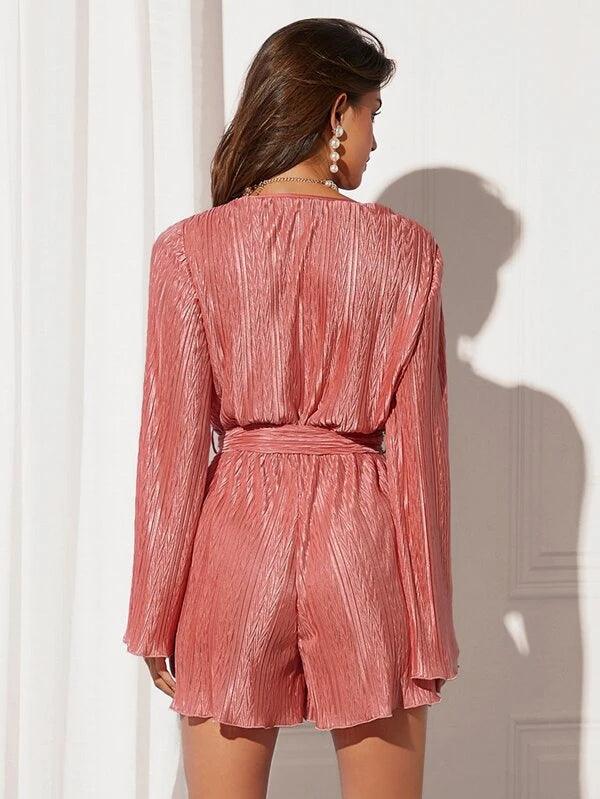 Surplice Neck Textured Belted Party Romper-Comfy Jumpsuits