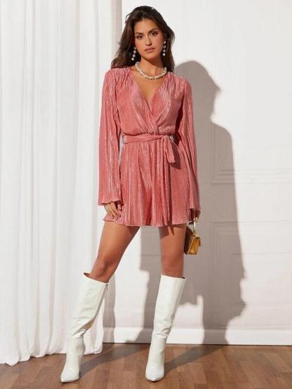 Surplice Neck Textured Belted Party Romper-Comfy Jumpsuits