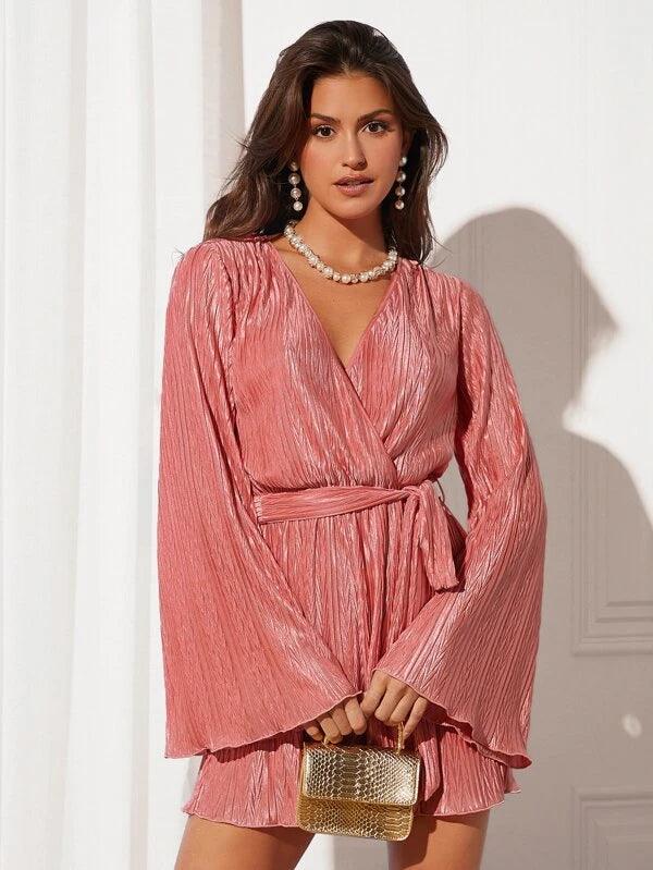 Surplice Neck Textured Belted Party Romper-Comfy Jumpsuits