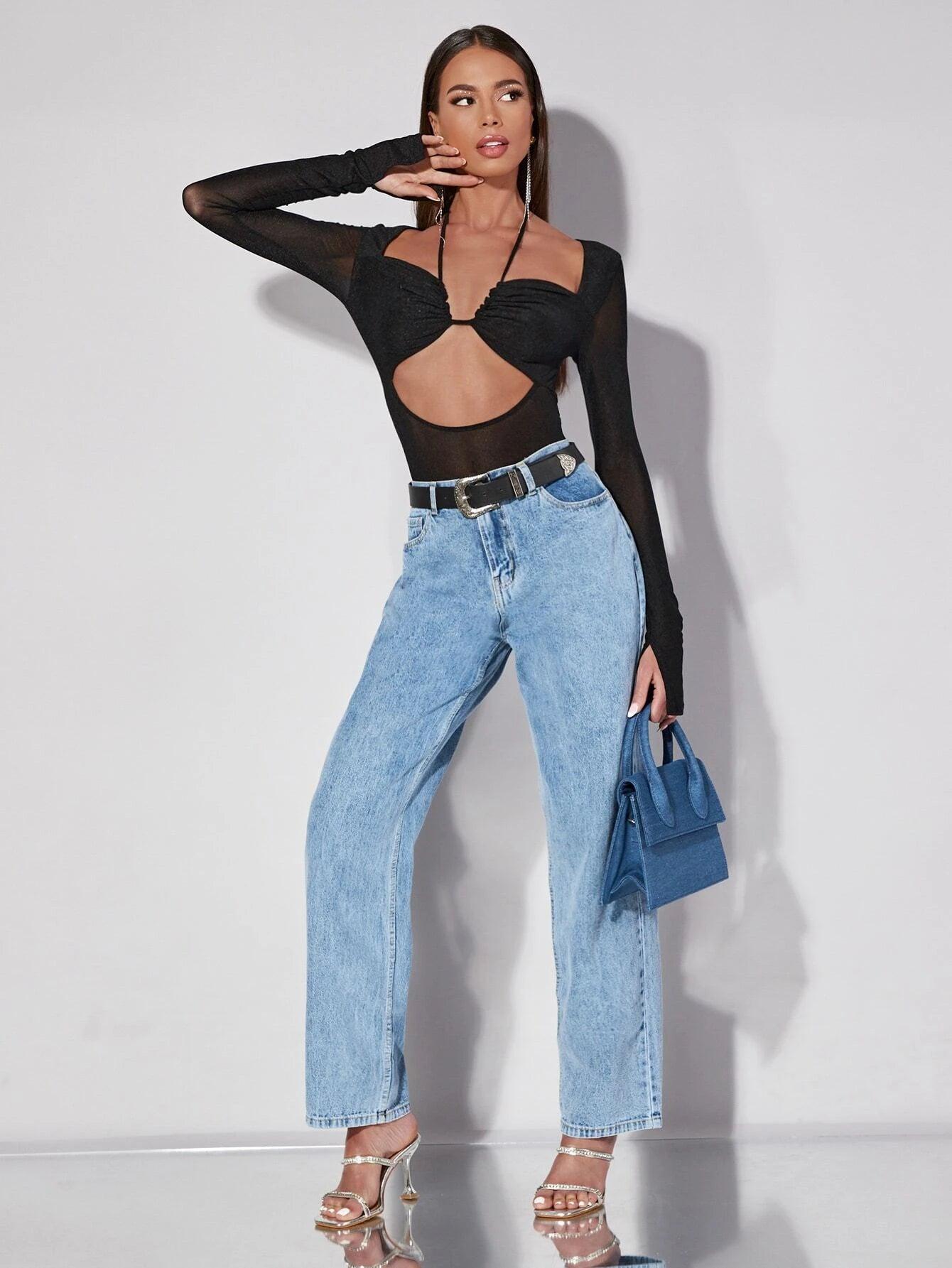 Contrast Mesh Halter Neck Bodysuit-Comfy Jumpsuits