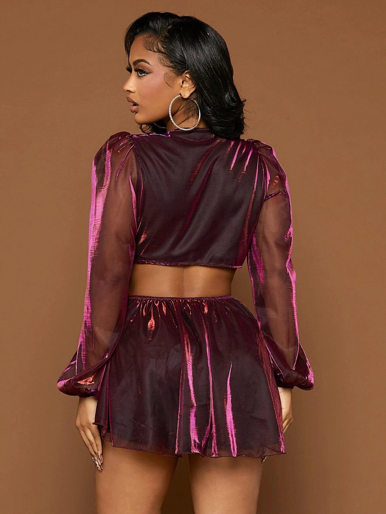Plunging Neck Lantern Sleeve Metallic Romper-Comfy Jumpsuits