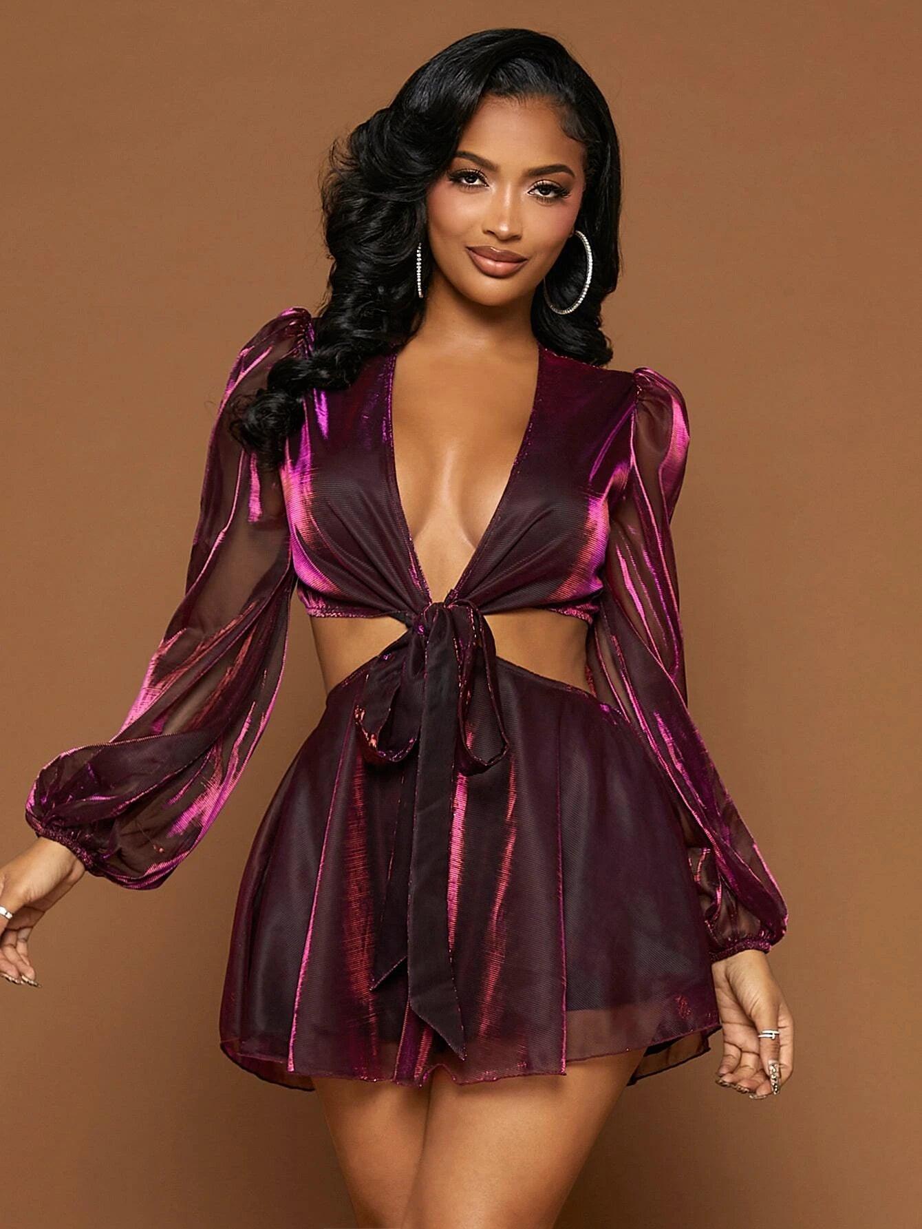 Plunging Neck Lantern Sleeve Metallic Romper-Comfy Jumpsuits