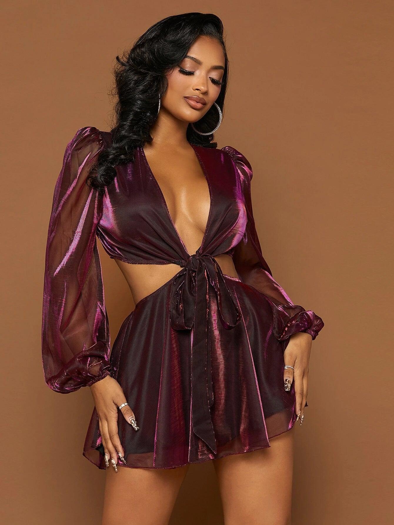Plunging Neck Lantern Sleeve Metallic Romper-Comfy Jumpsuits