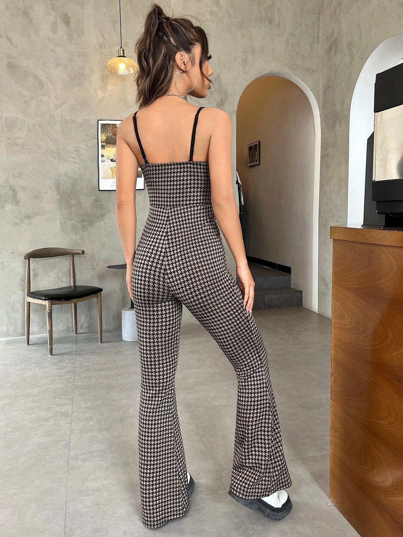 Houndstooth Print Flare Leg Jumpsuit-Comfy Jumpsuits