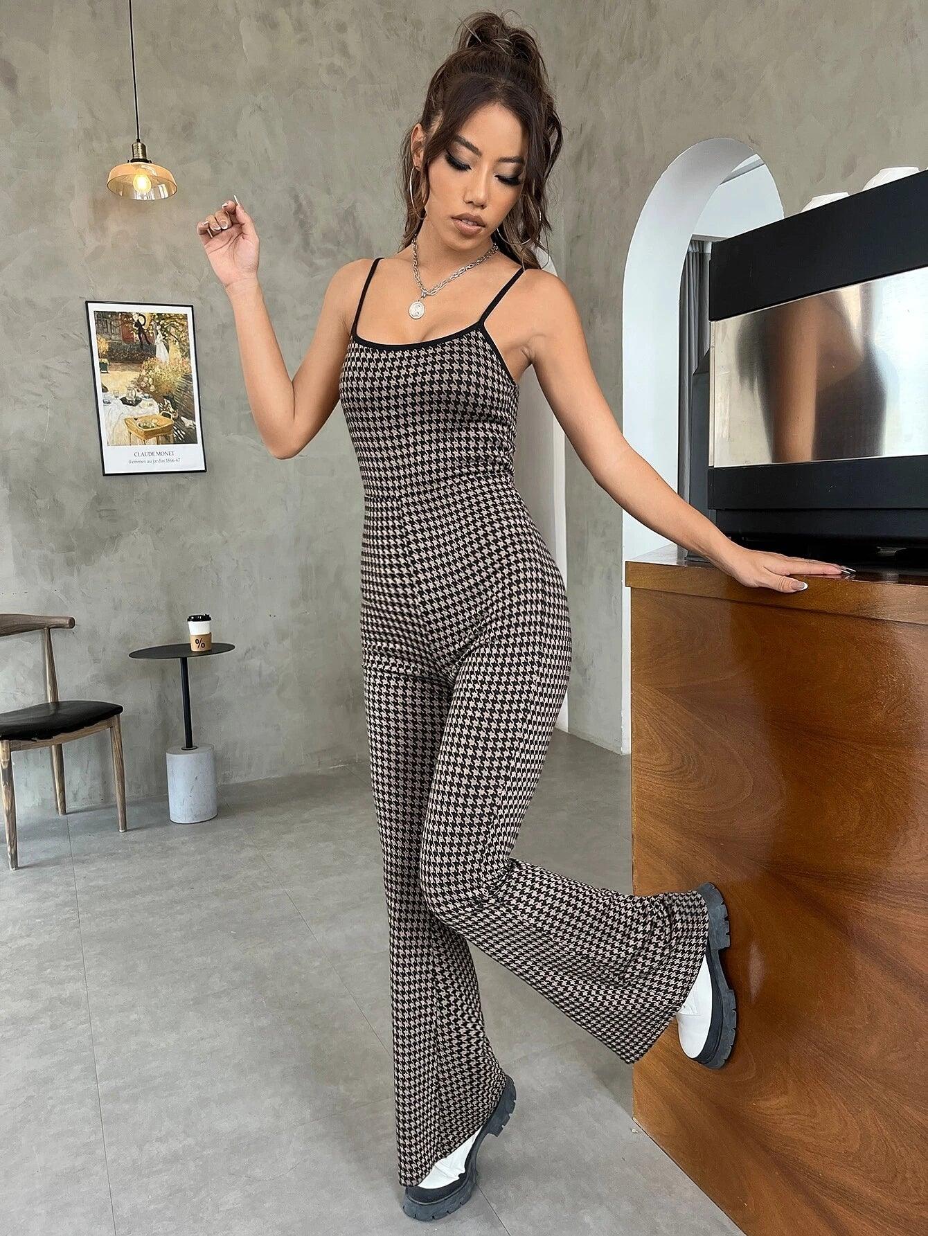 Houndstooth Print Flare Leg Jumpsuit-Comfy Jumpsuits