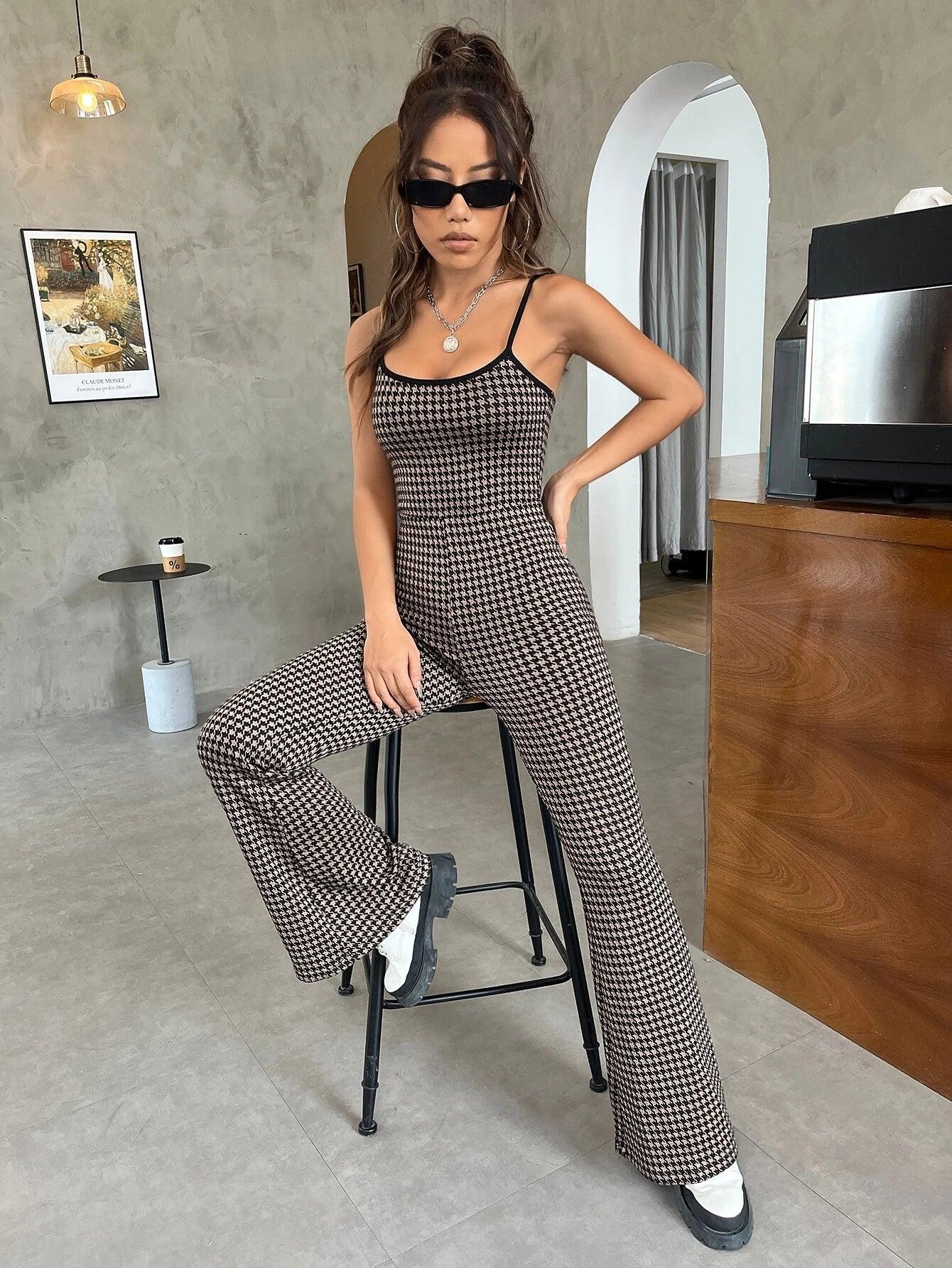Houndstooth Print Flare Leg Jumpsuit-Comfy Jumpsuits