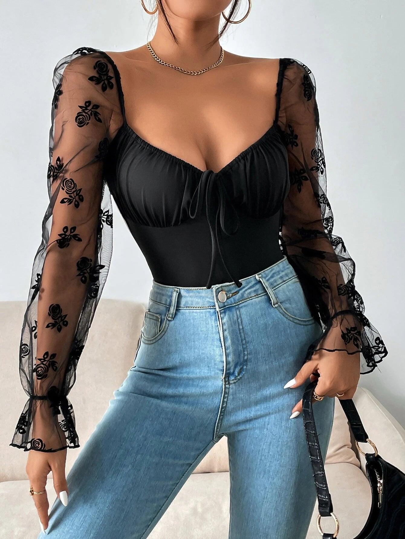 Floral Print Mesh Flounce Sleeved Bodysuit-Comfy Jumpsuits