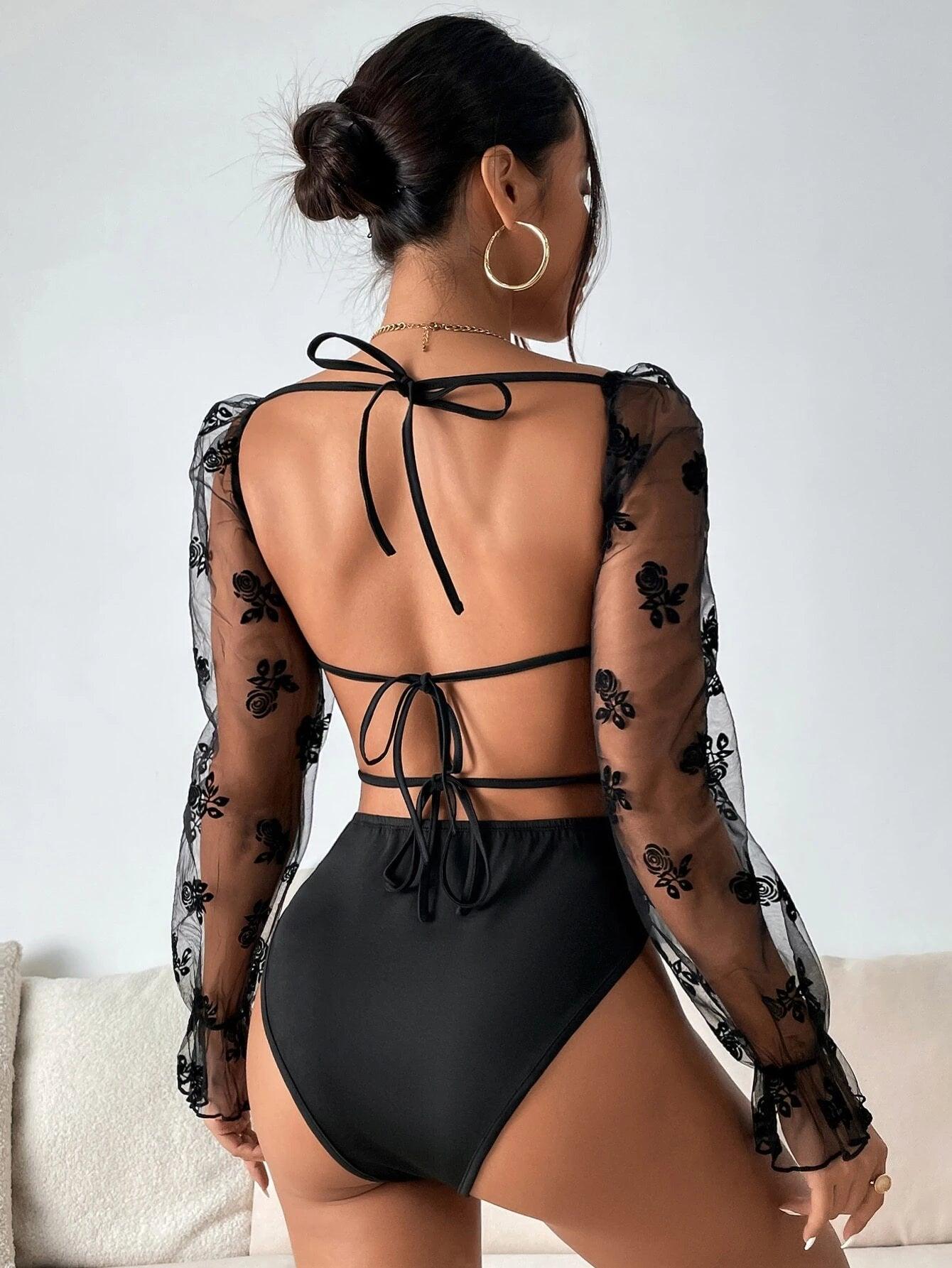 Floral Print Mesh Flounce Sleeved Bodysuit-Comfy Jumpsuits