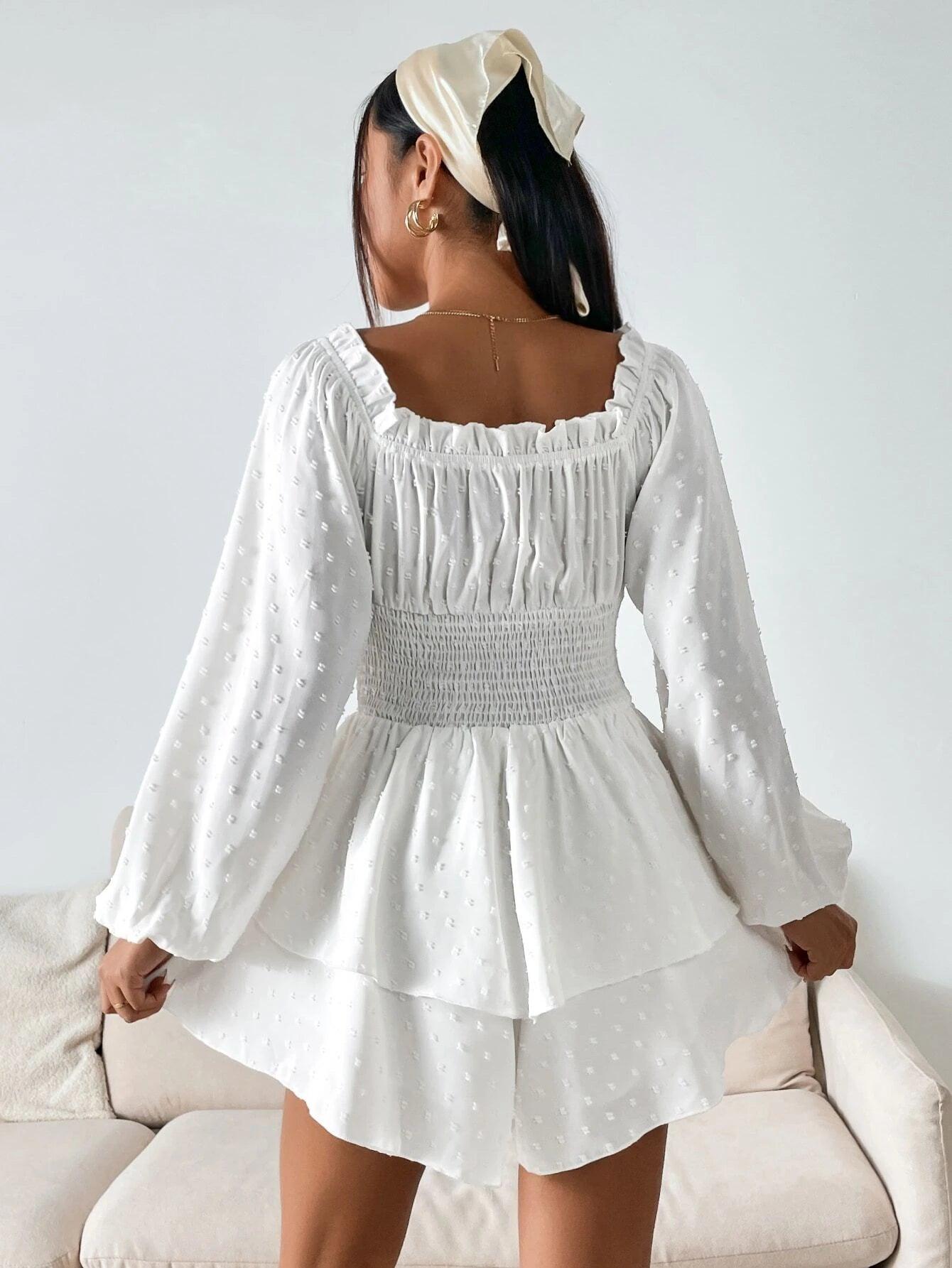 Swiss Dot Lantern Sleeve Romper-Comfy Jumpsuits