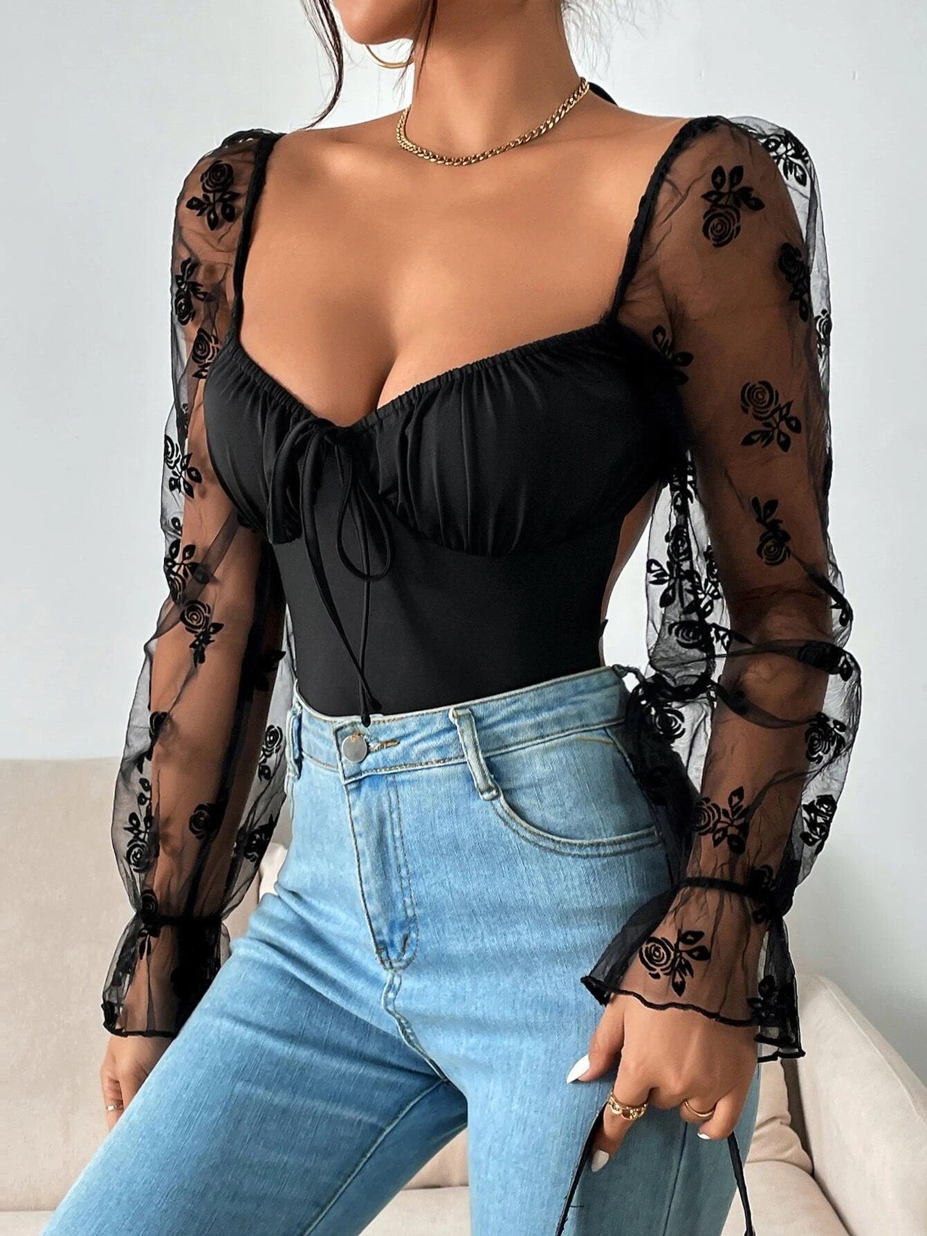 Floral Print Mesh Flounce Sleeved Bodysuit-Comfy Jumpsuits