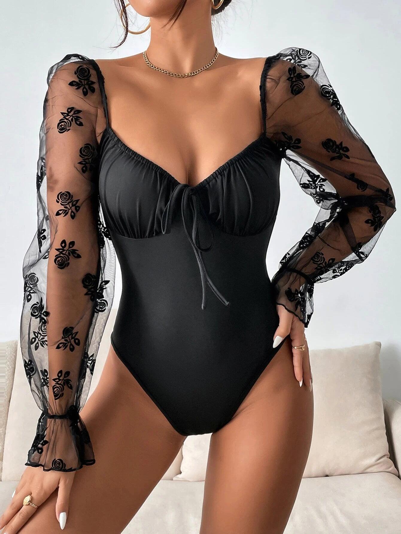 Floral Print Mesh Flounce Sleeved Bodysuit-Comfy Jumpsuits