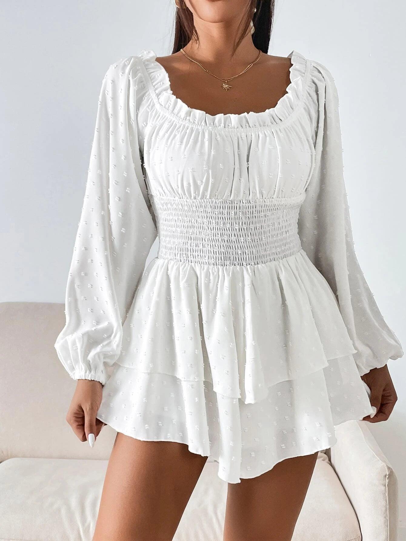 Swiss Dot Lantern Sleeve Romper-Comfy Jumpsuits