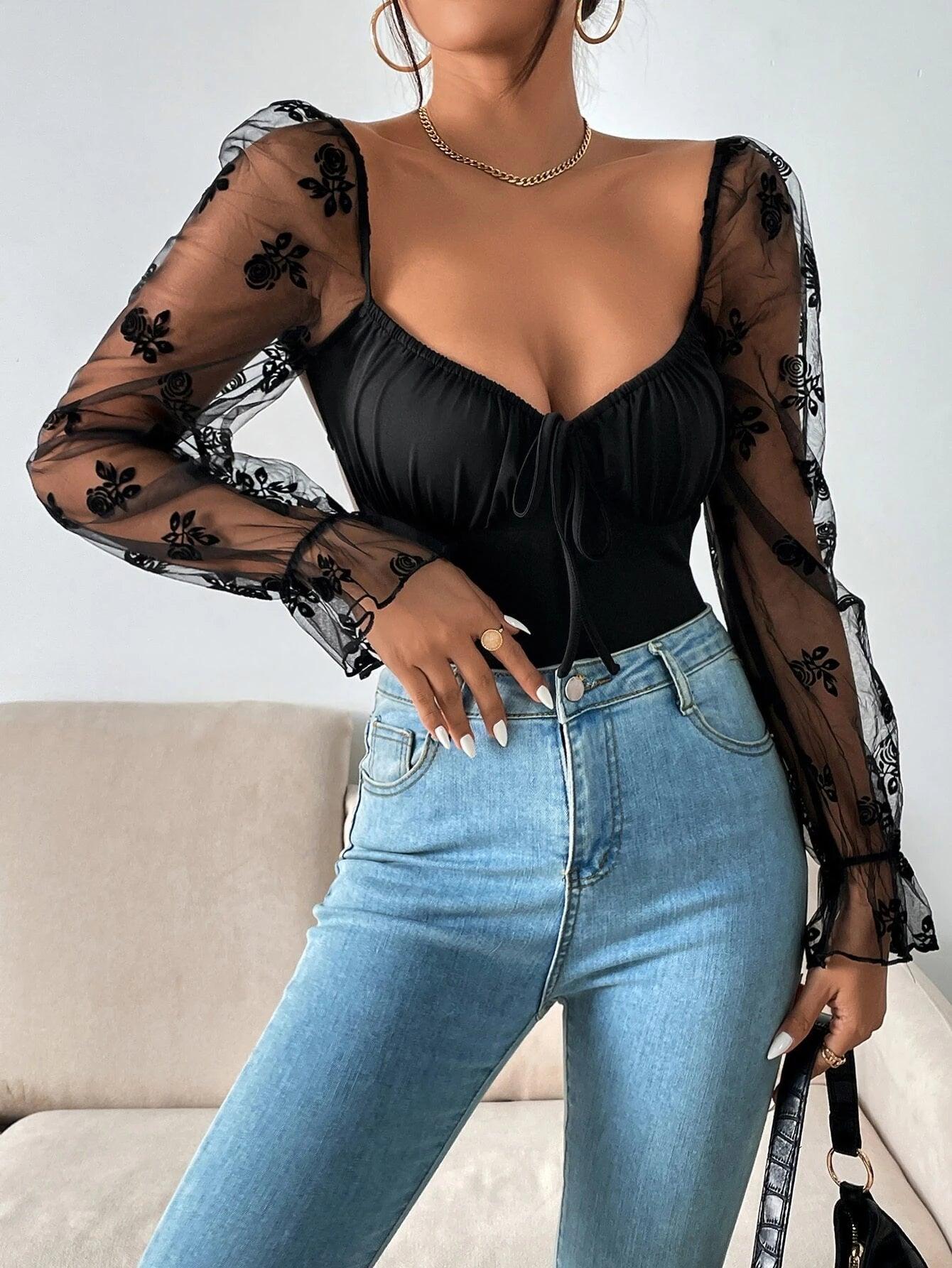 Floral Print Mesh Flounce Sleeved Bodysuit-Comfy Jumpsuits