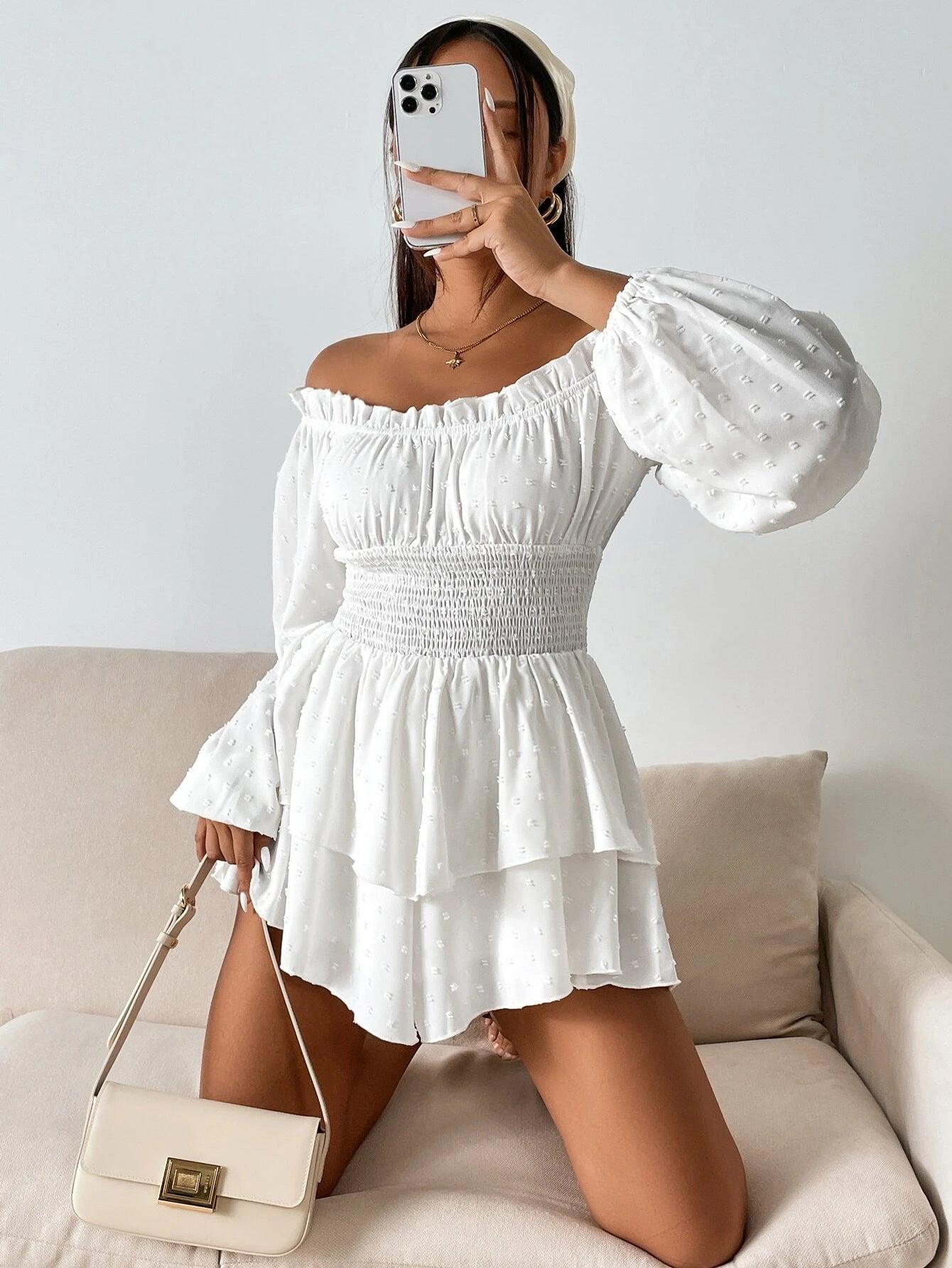 Swiss Dot Lantern Sleeve Romper-Comfy Jumpsuits