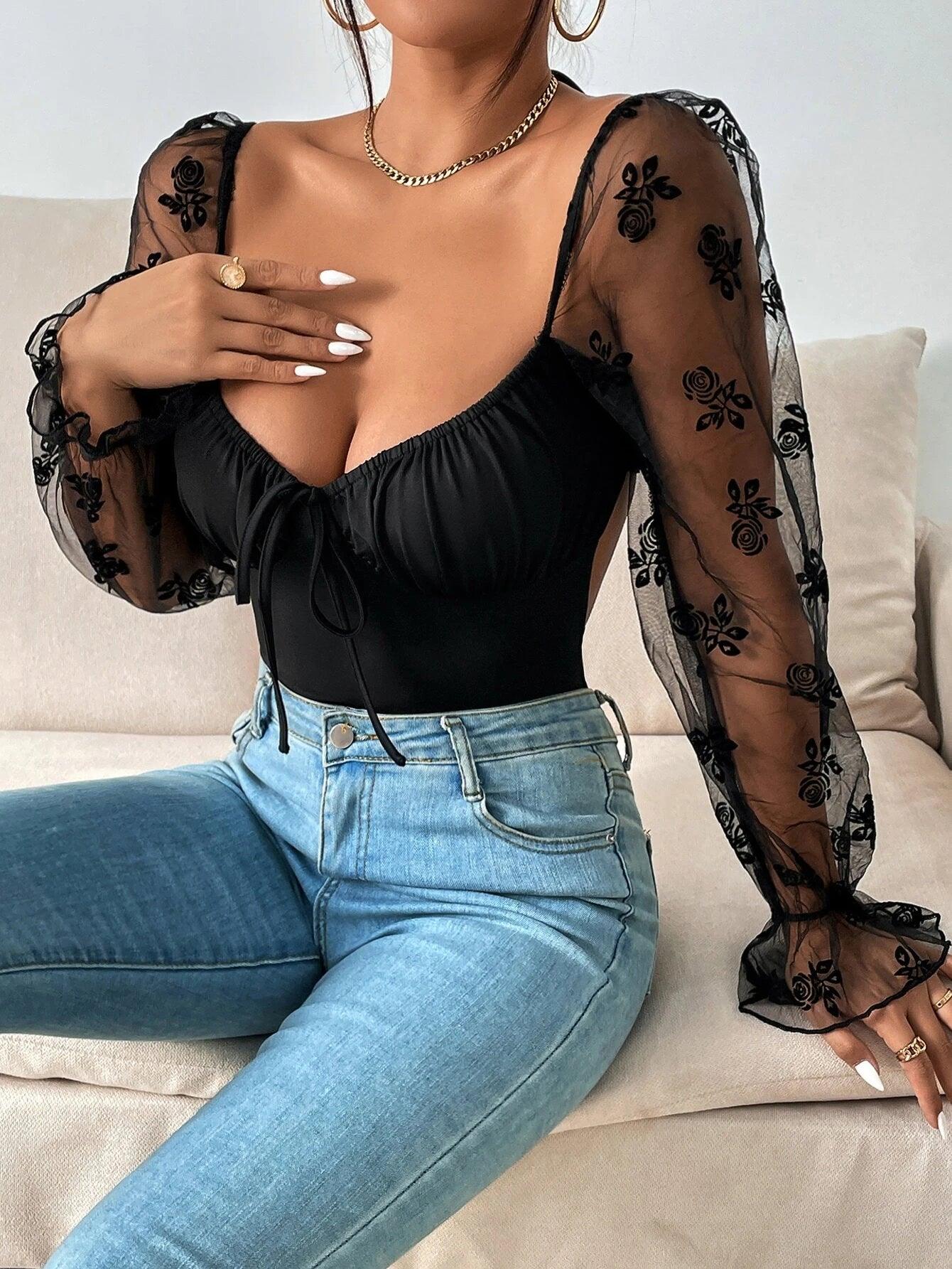 Floral Print Mesh Flounce Sleeved Bodysuit-Comfy Jumpsuits