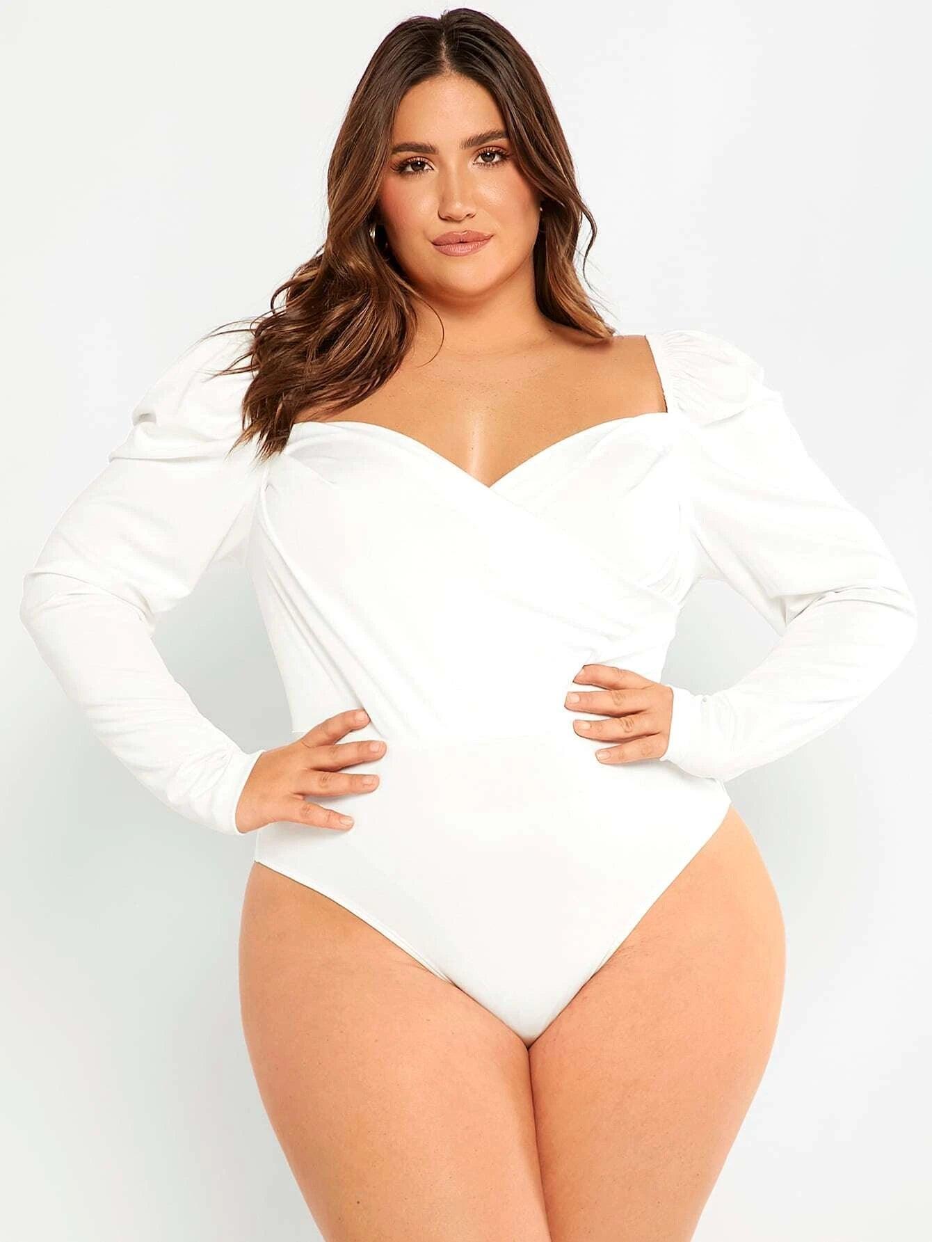 Plus Sleeve Wrap Front Ruched Bodysuit-Comfy Jumpsuits