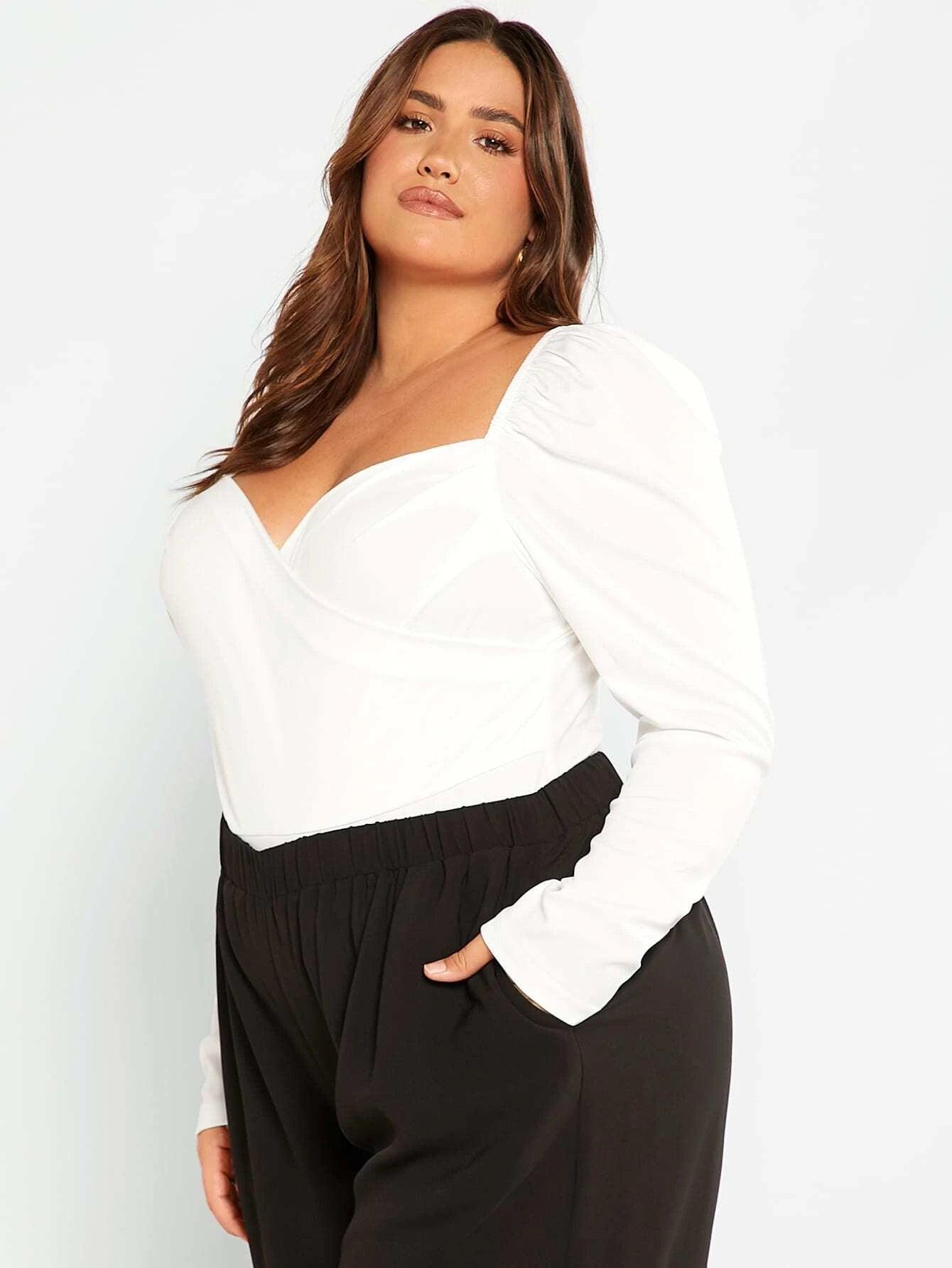 Plus Sleeve Wrap Front Ruched Bodysuit-Comfy Jumpsuits