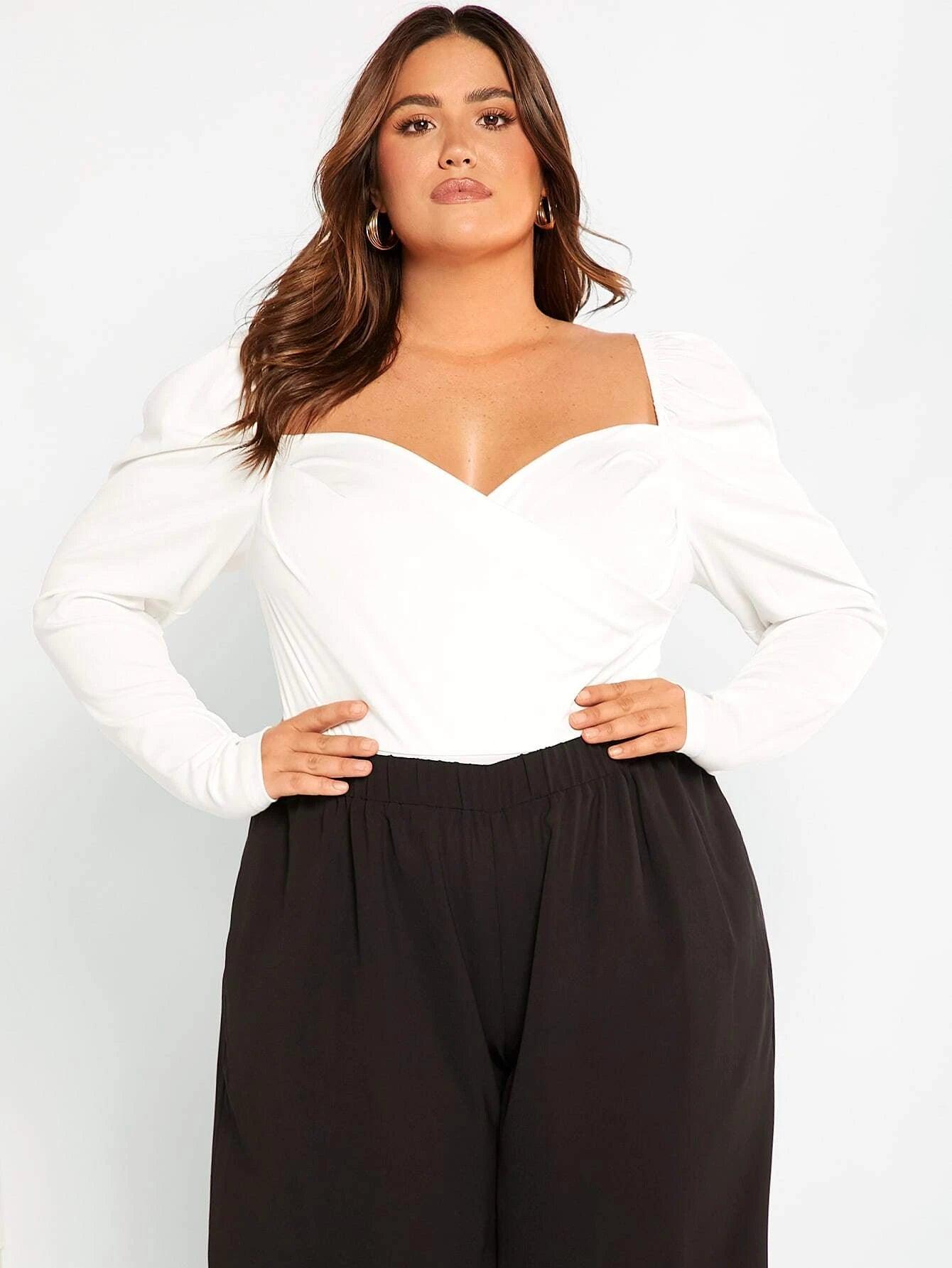 Plus Sleeve Wrap Front Ruched Bodysuit-Comfy Jumpsuits