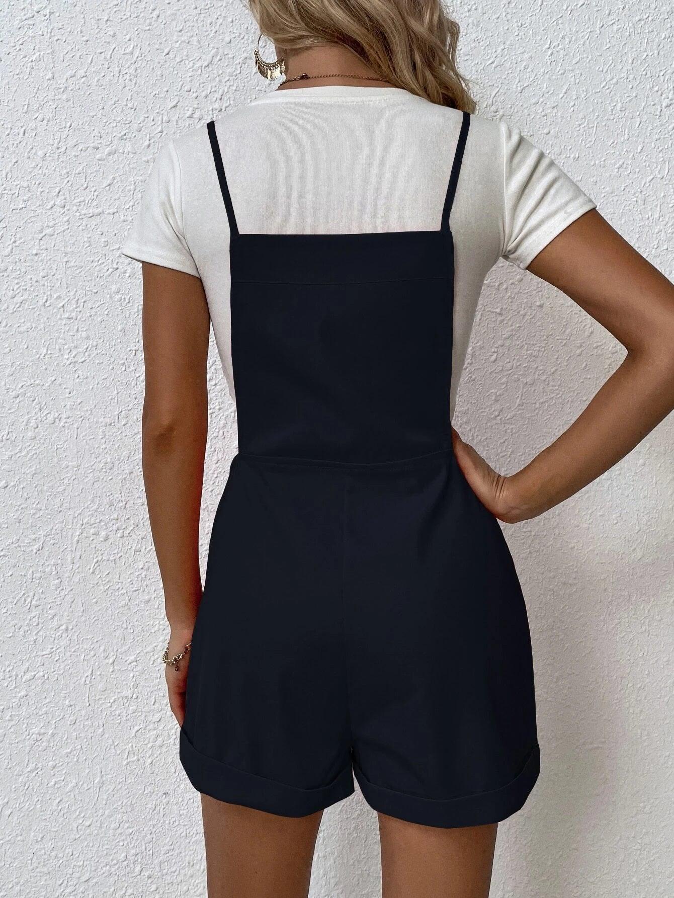 Patched Pocket Overall Romper Without Tee-Comfy Jumpsuits