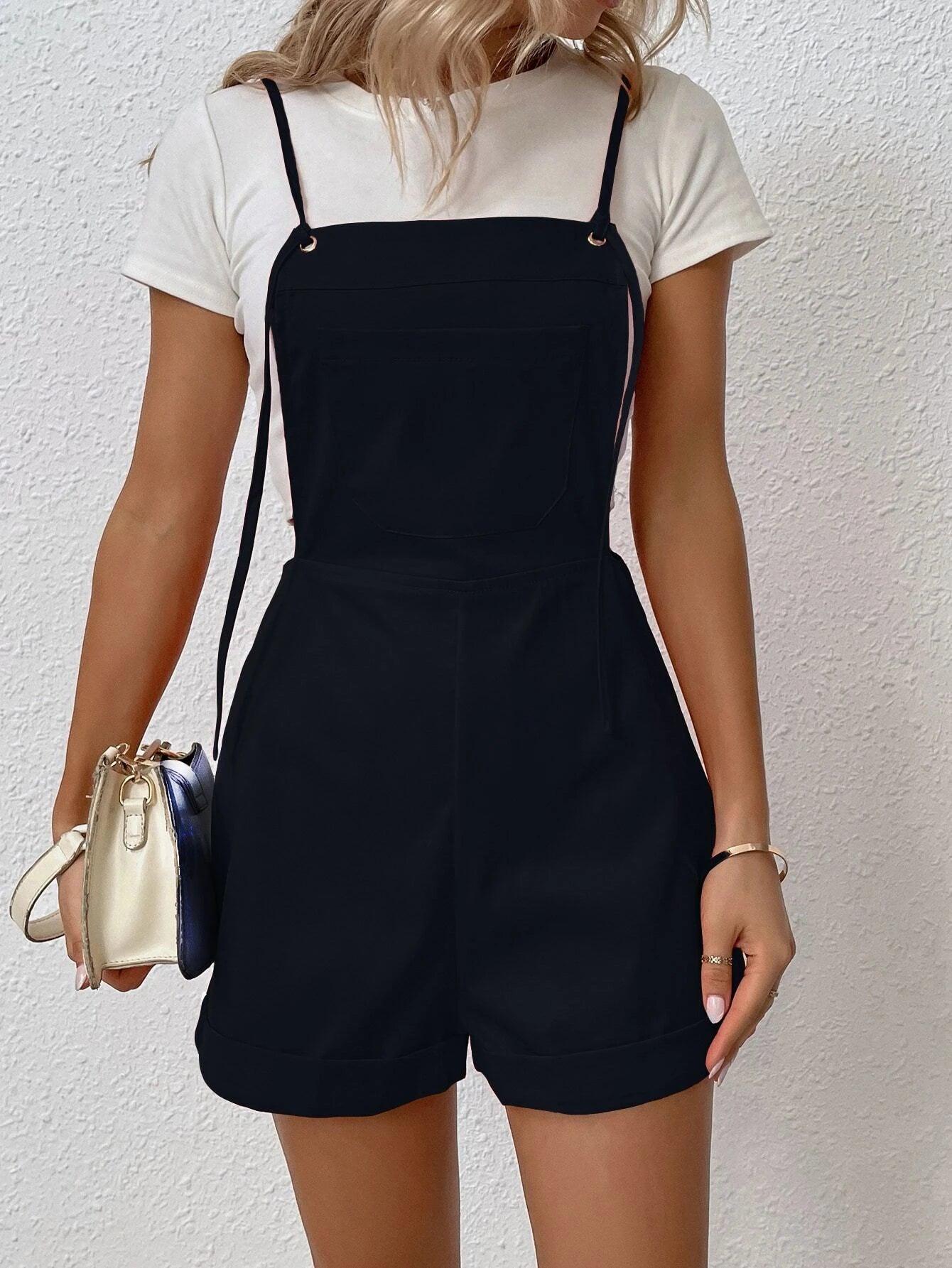 Patched Pocket Overall Romper Without Tee-Comfy Jumpsuits