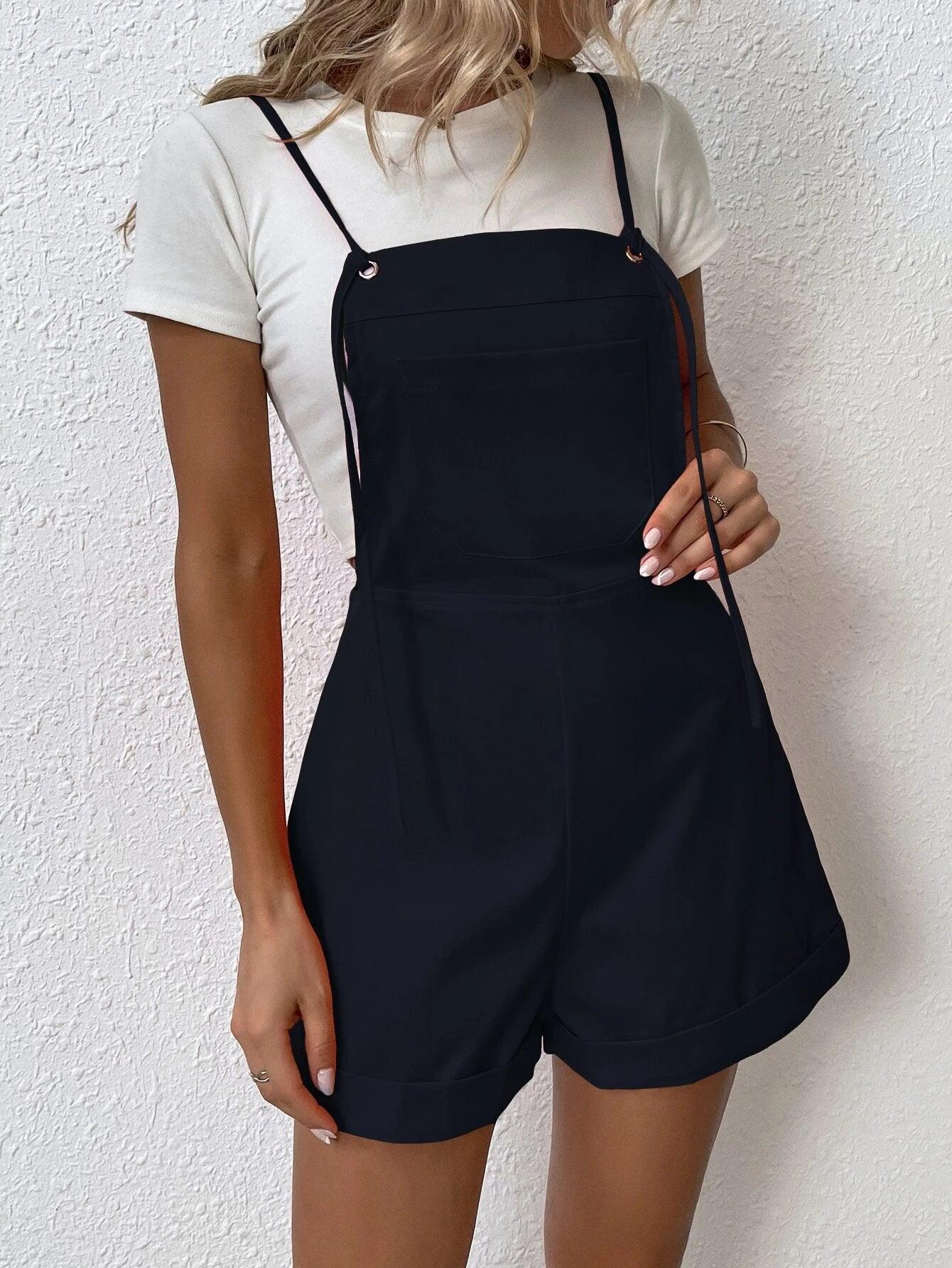 Patched Pocket Overall Romper Without Tee-Comfy Jumpsuits