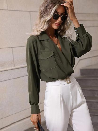Lapel Collar Flap Pocket Bodysuit-Comfy Jumpsuits