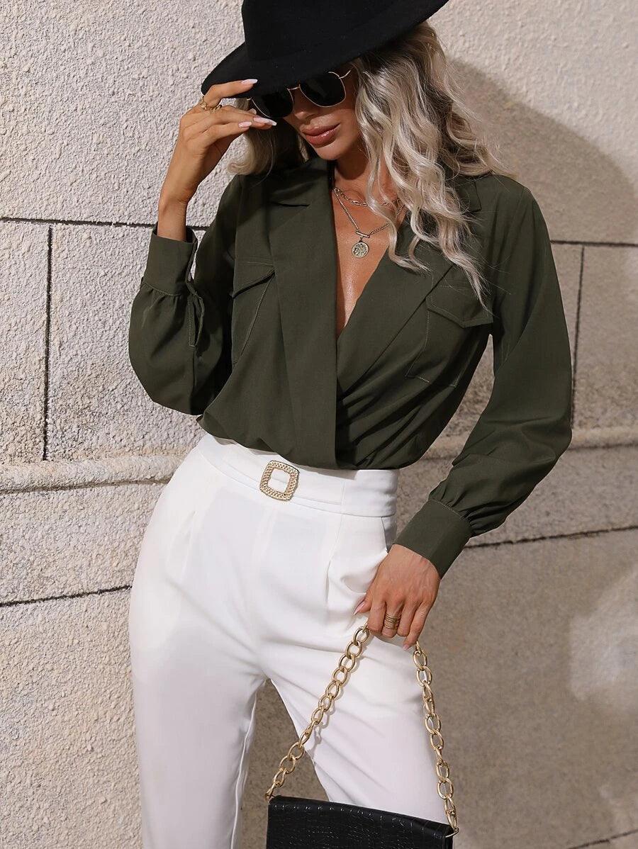 Lapel Collar Flap Pocket Bodysuit-Comfy Jumpsuits