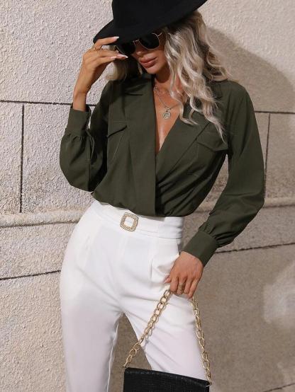 Lapel Collar Flap Pocket Bodysuit-Comfy Jumpsuits