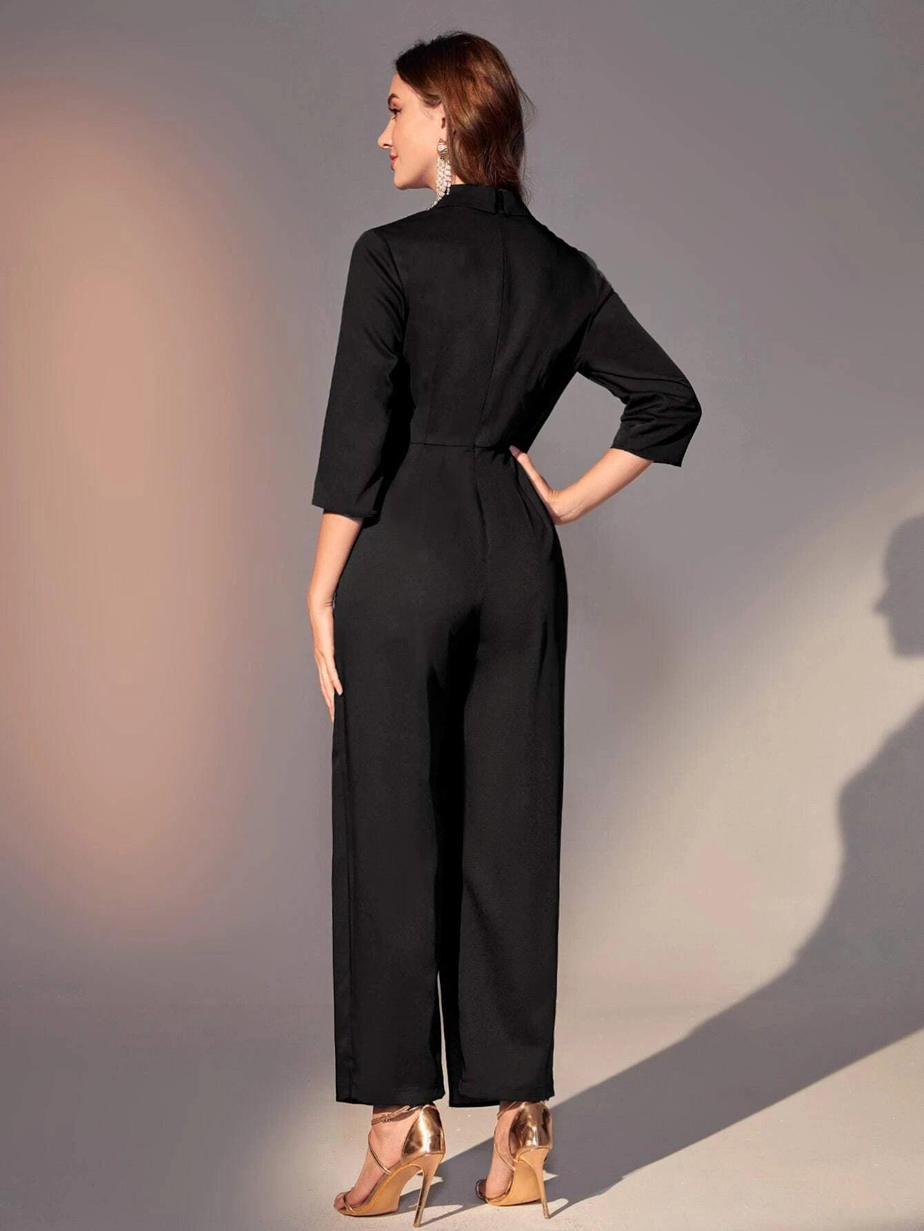 Lapel Collar Wrap Hem Jumpsuit-Comfy Jumpsuits