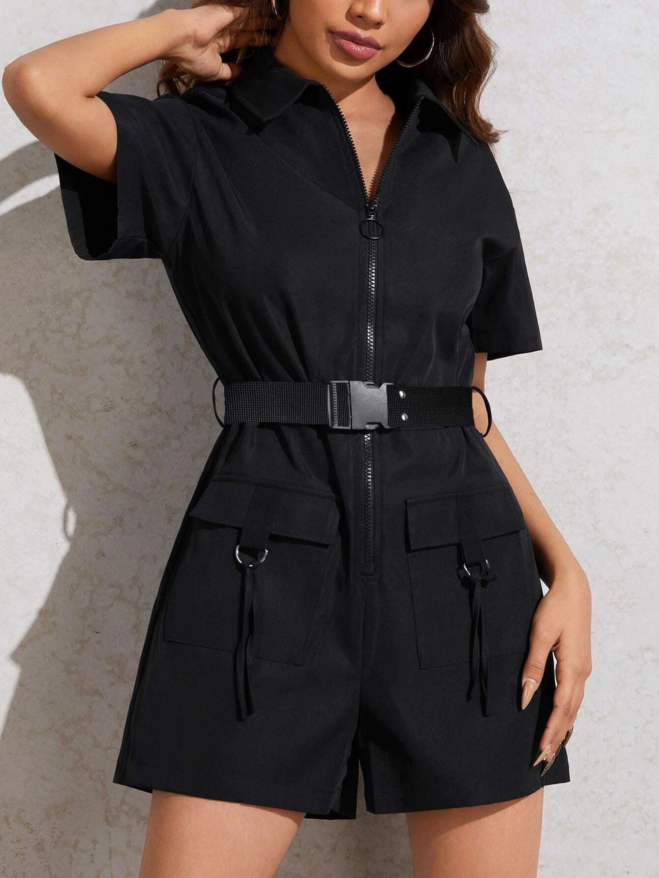Belted With Flap Pocket Romper-Comfy Jumpsuits