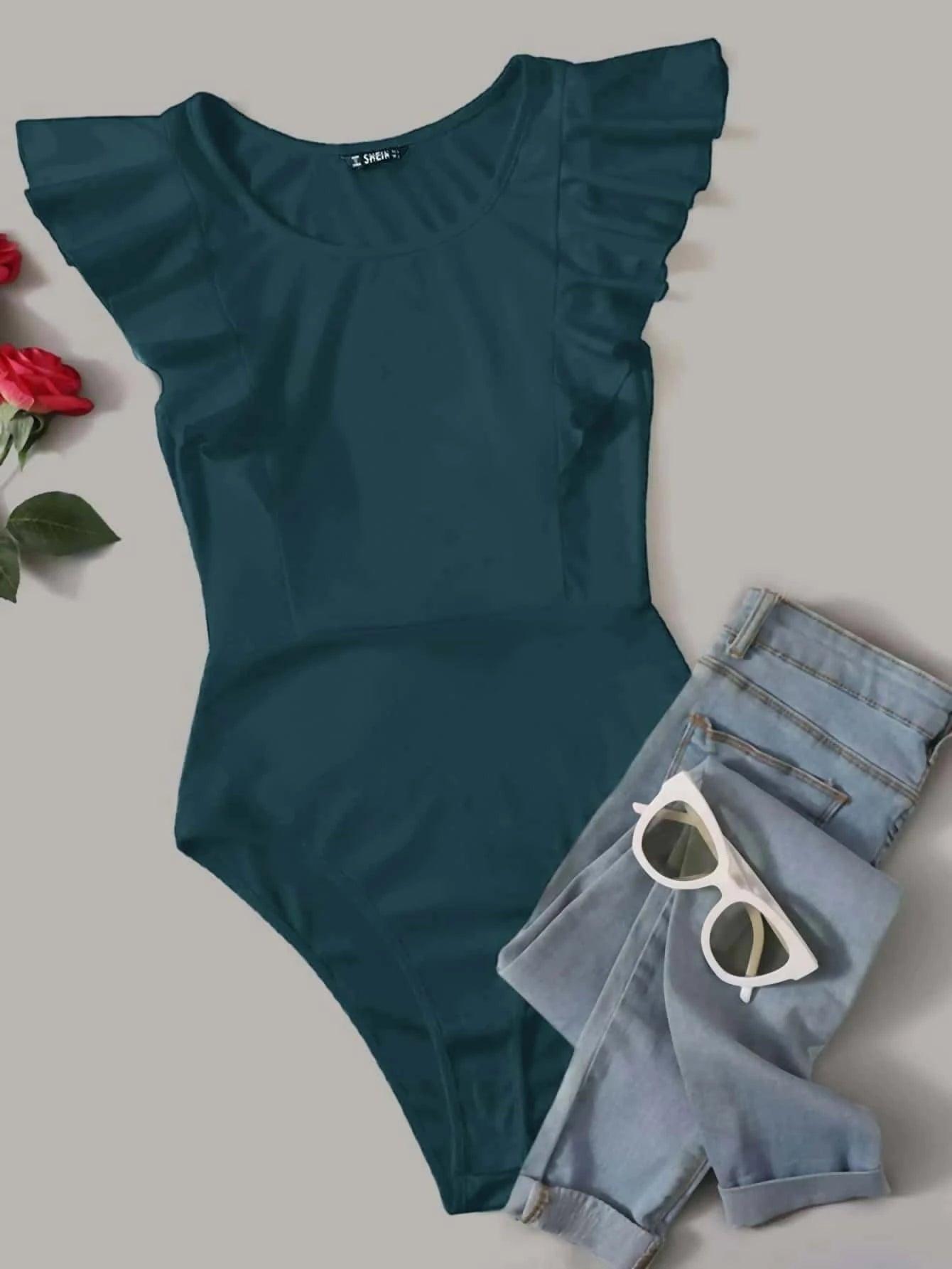 Solid Ruffle Armhole Bodysuit-Comfy Jumpsuits