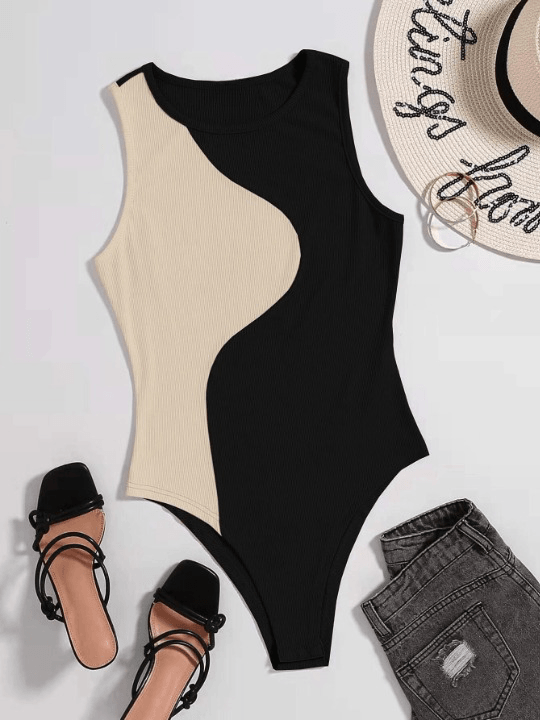 Two Tone Ribbed Knit Bodysuit-Comfy Jumpsuits