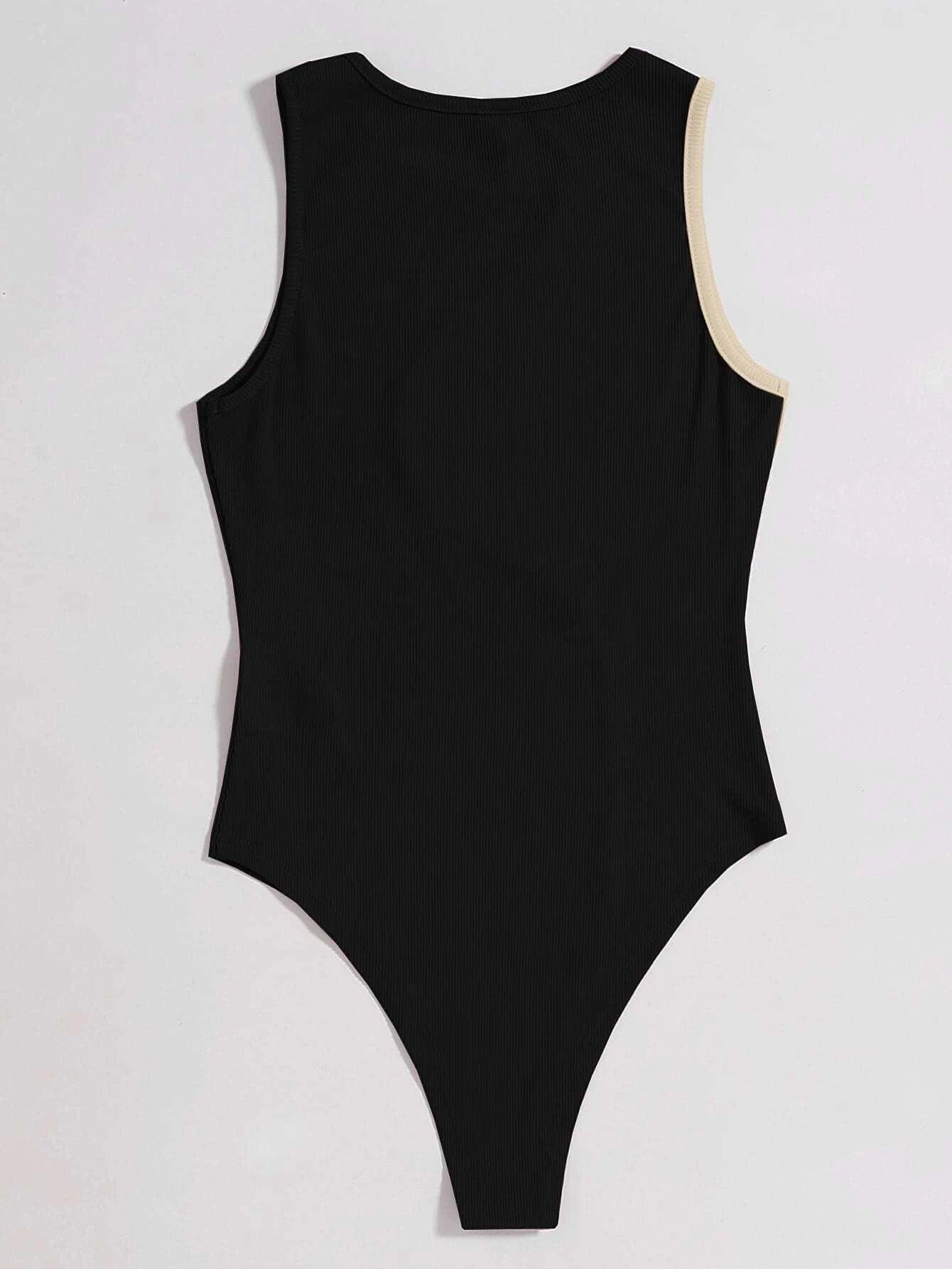 Two Tone Ribbed Knit Bodysuit-Comfy Jumpsuits