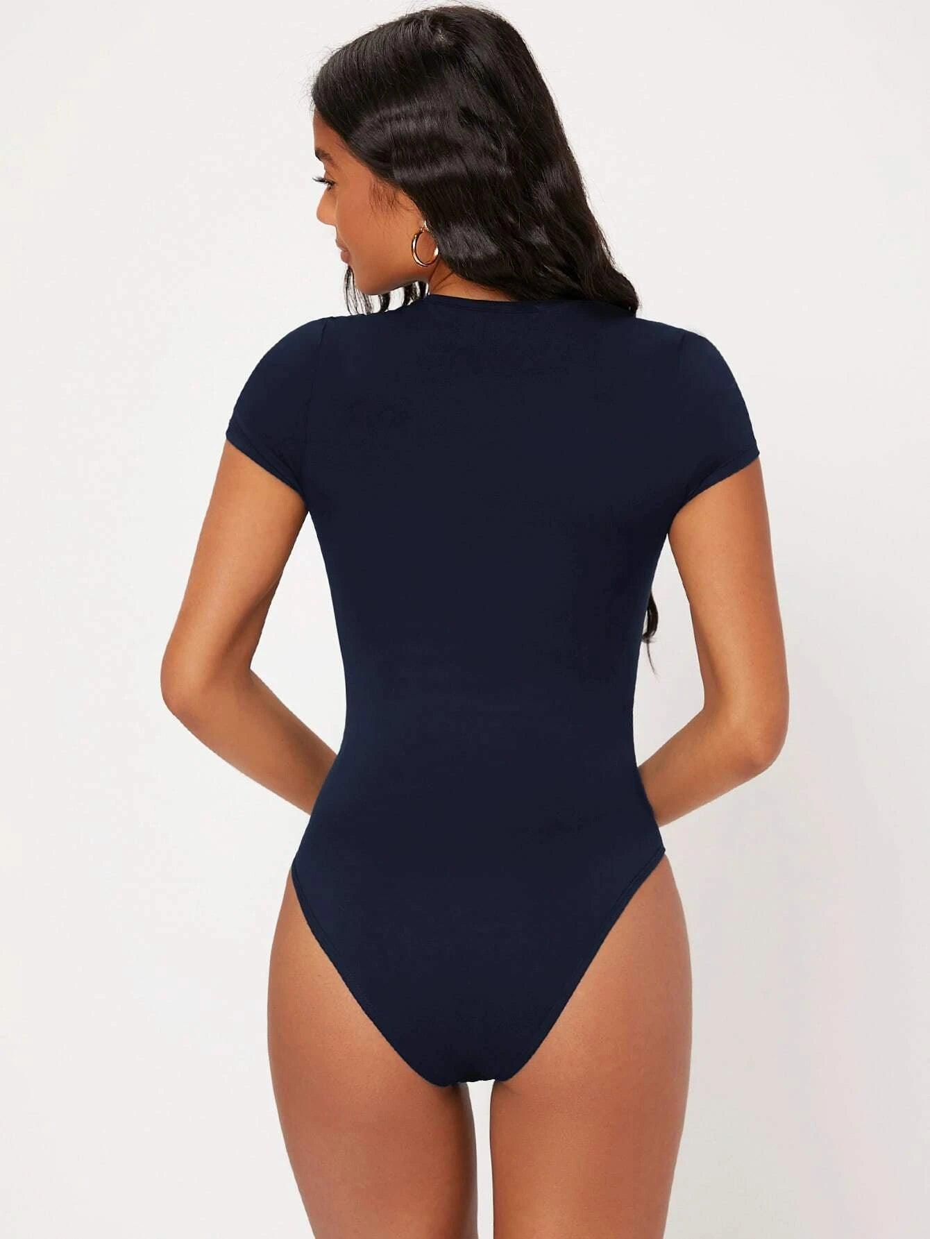Solid Slim Cut Round Neck Bodysuit-Comfy Jumpsuits