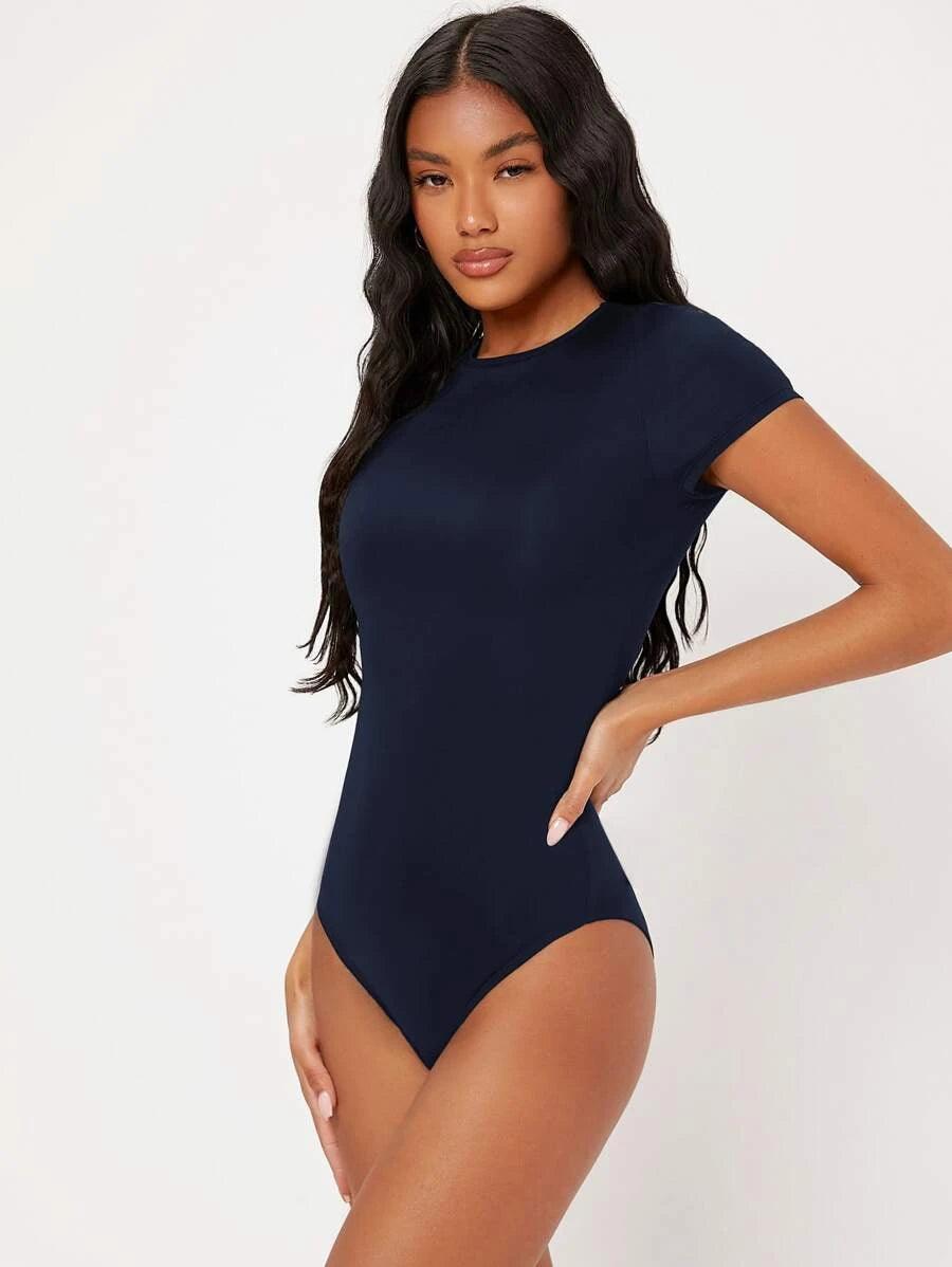 Solid Slim Cut Round Neck Bodysuit-Comfy Jumpsuits