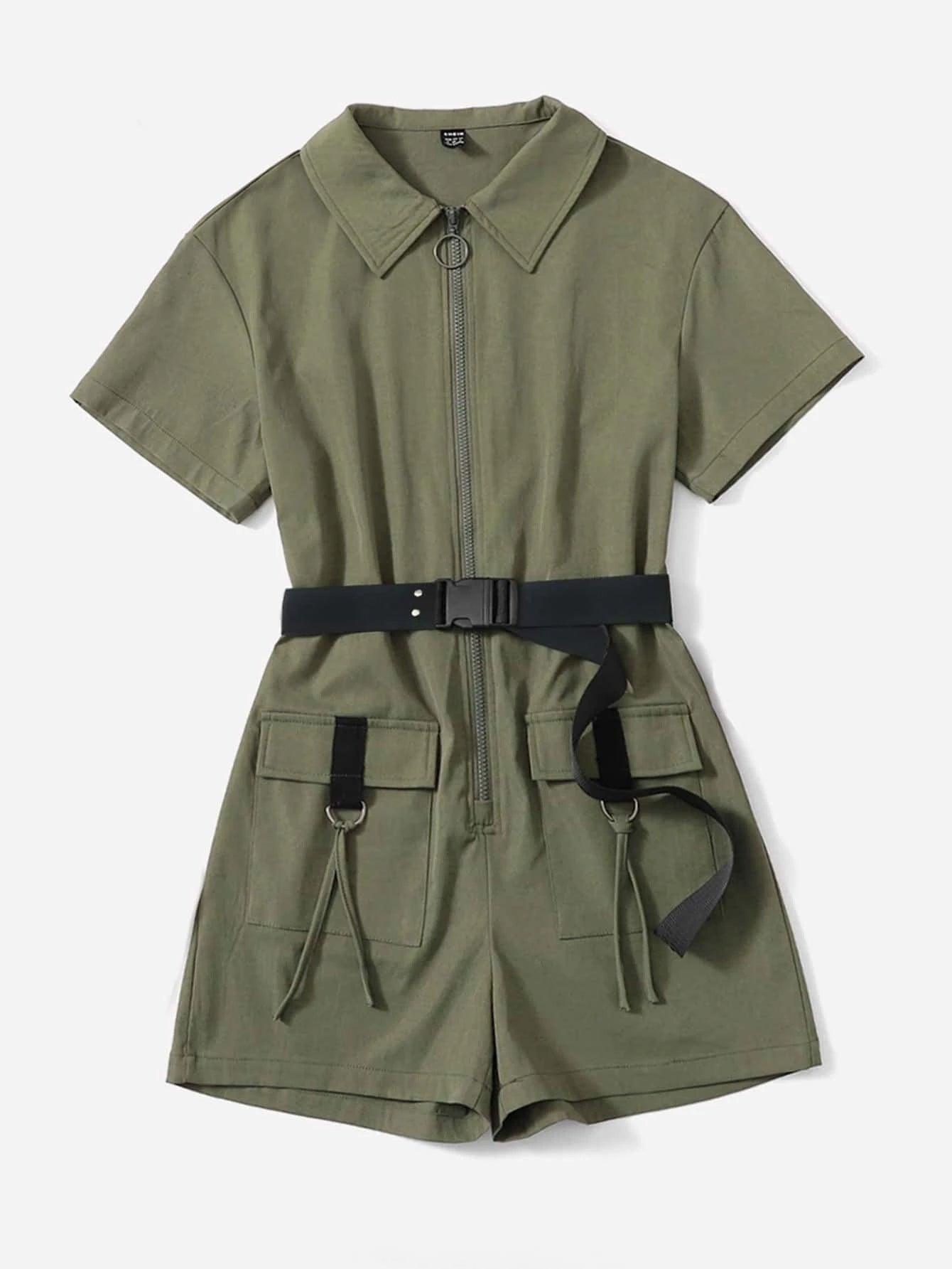 Belted With Flap Pocket Romper-Comfy Jumpsuits