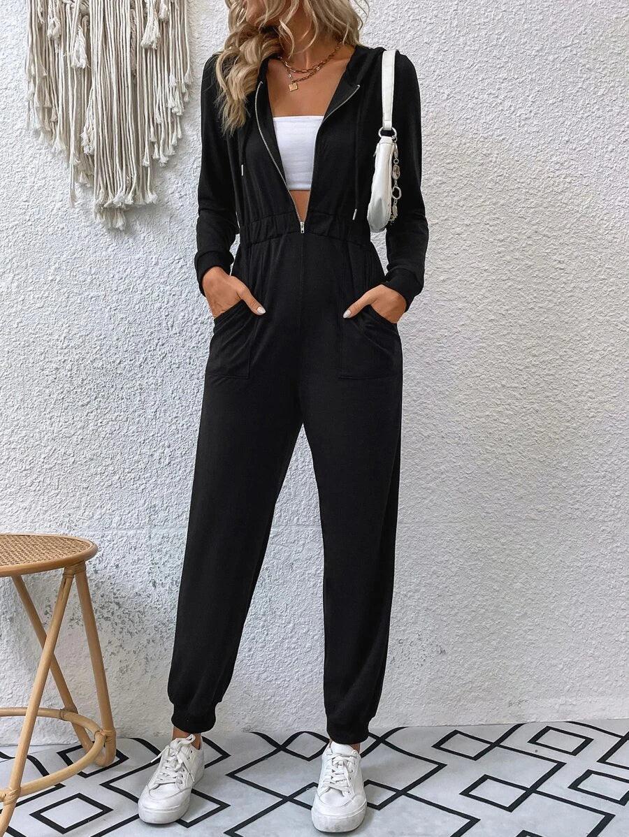 Zip Half Placket Drawstring Hooded Jumpsuit-Comfy Jumpsuits