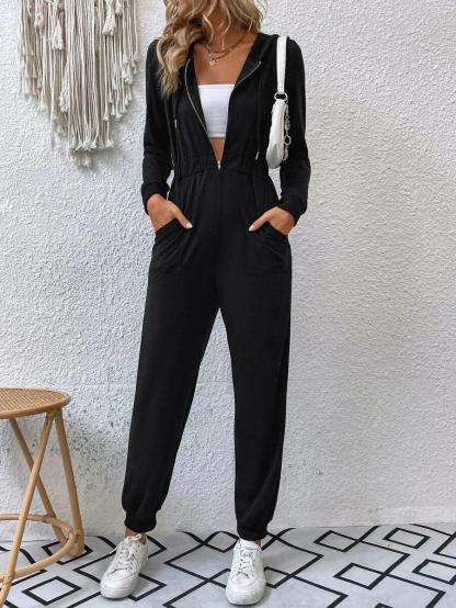 Zip Half Placket Drawstring Hooded Jumpsuit-Comfy Jumpsuits