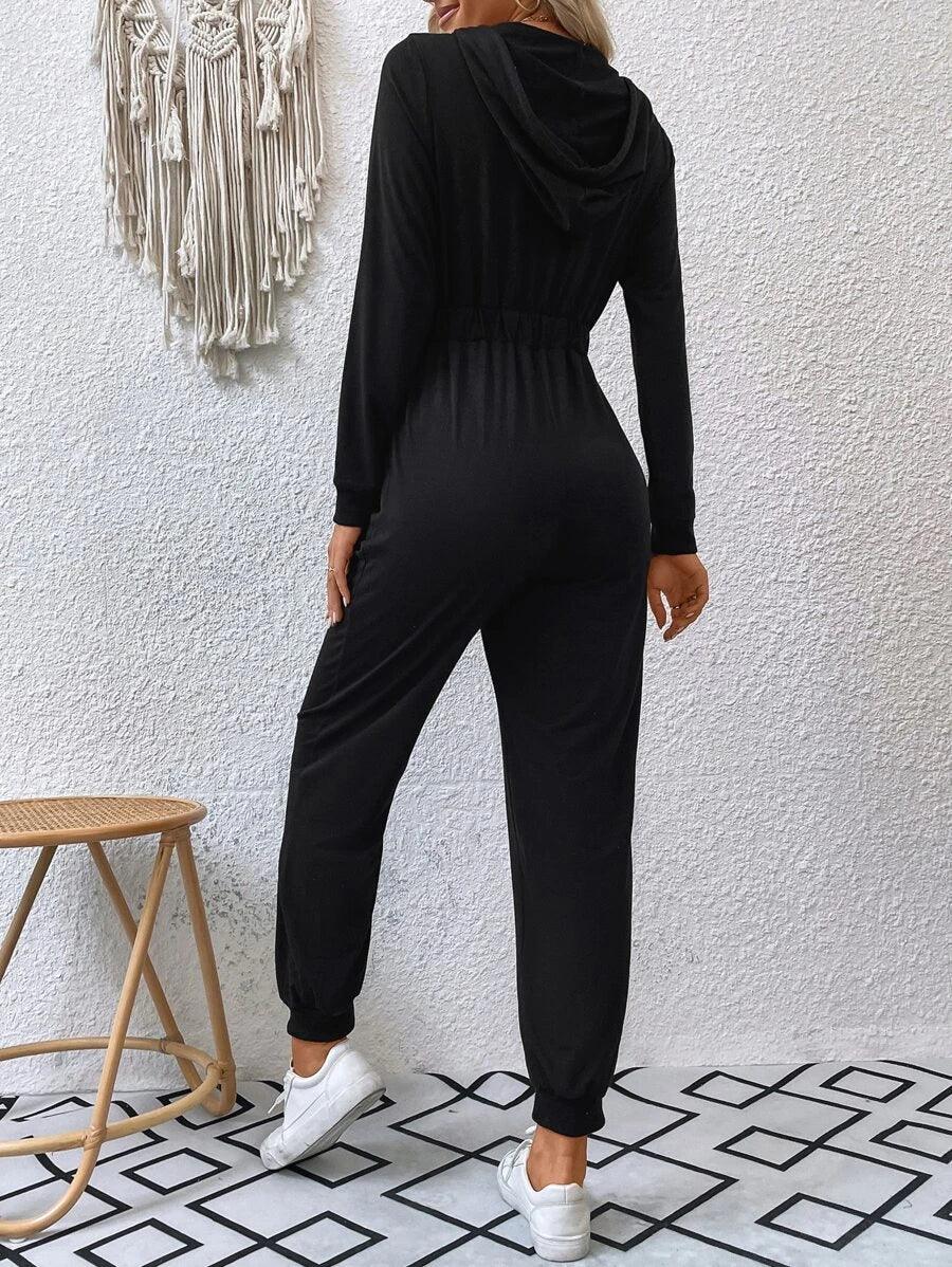 Zip Half Placket Drawstring Hooded Jumpsuit-Comfy Jumpsuits