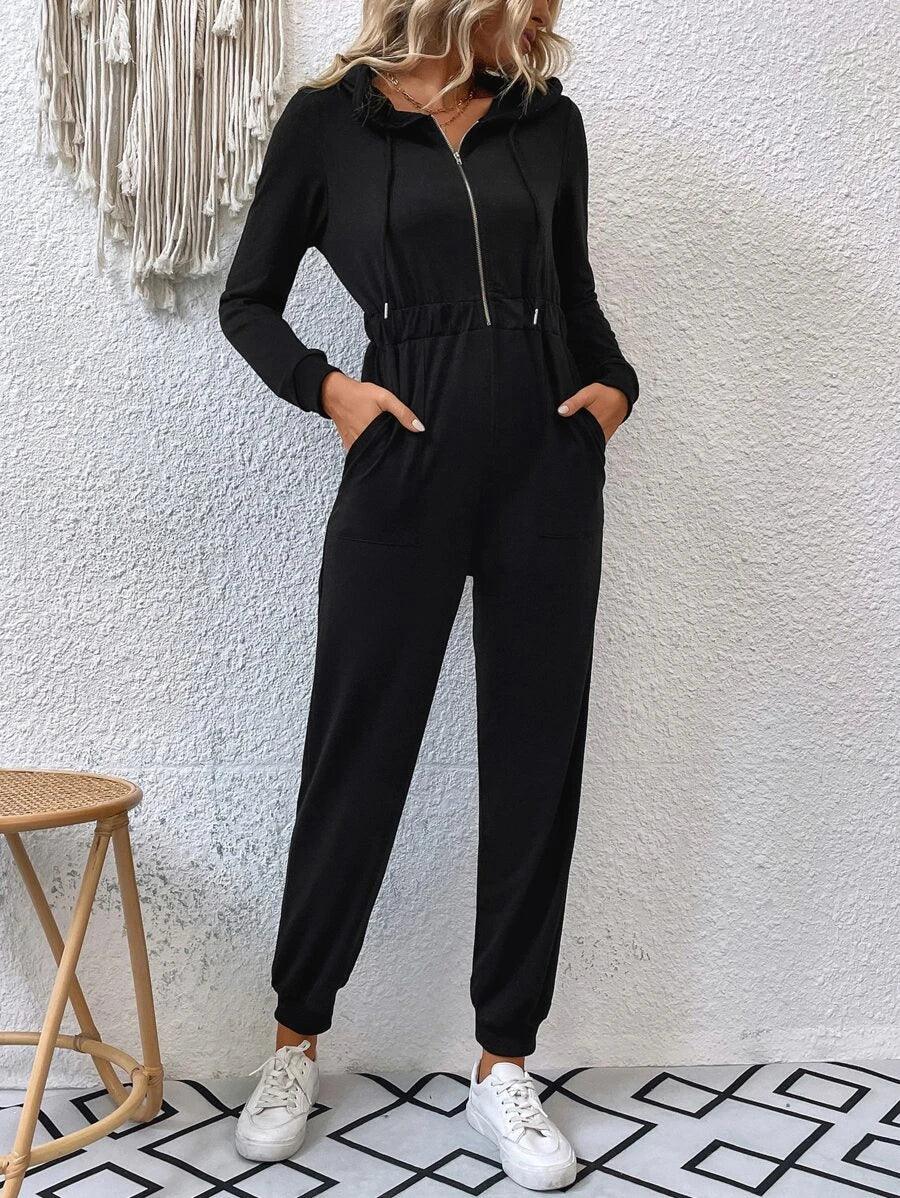 Zip Half Placket Drawstring Hooded Jumpsuit-Comfy Jumpsuits