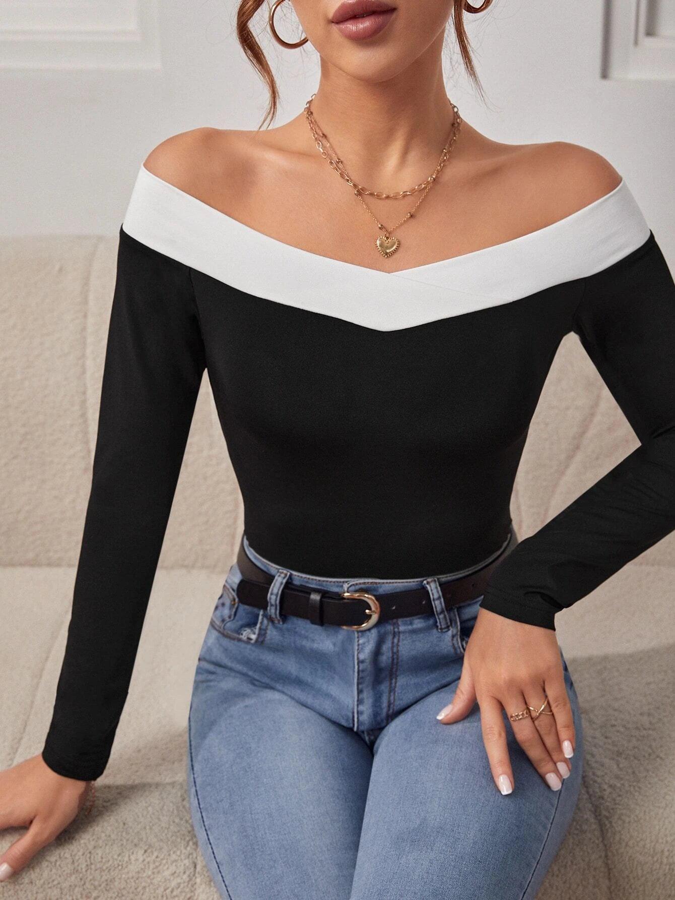 Long Sleeve Off Shoulder Bodysuit-Comfy Jumpsuits
