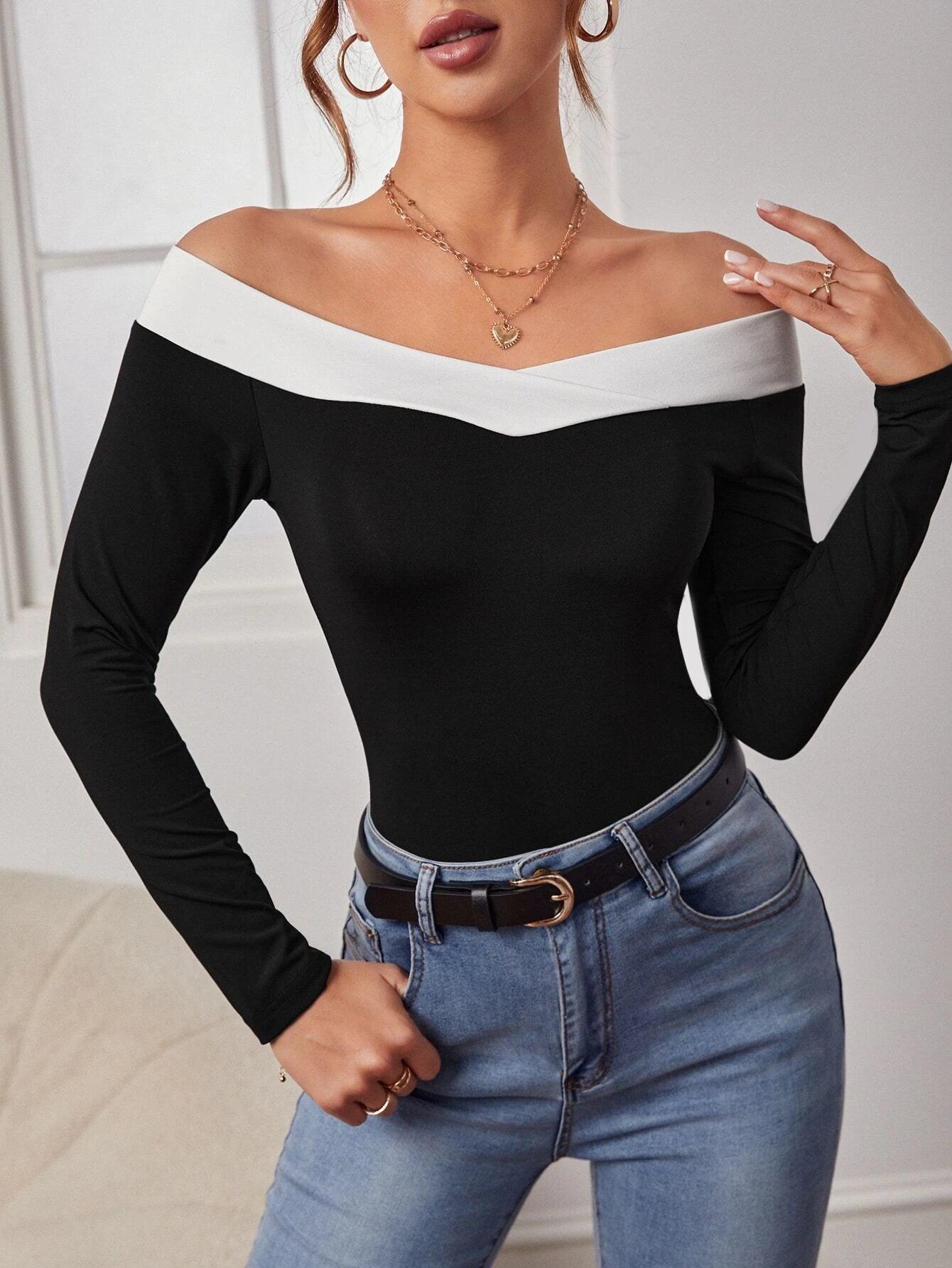 Long Sleeve Off Shoulder Bodysuit-Comfy Jumpsuits