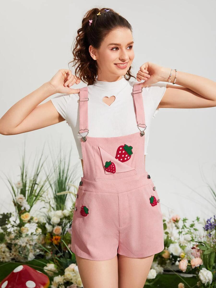 Strawberry Patched Crisscross Back Overall Romper-Comfy Jumpsuits