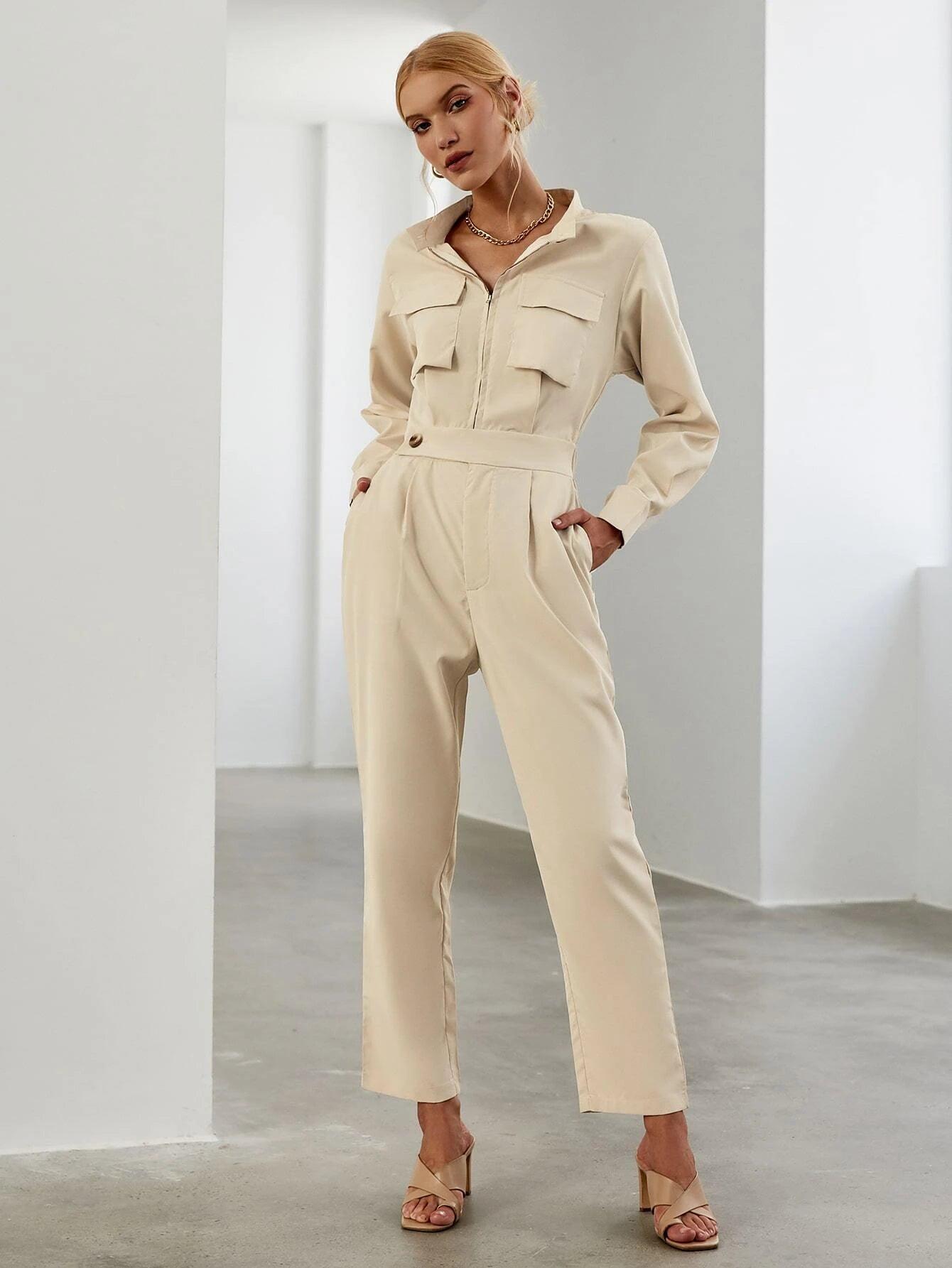 Flap Pocket Fold Pleated Jumpsuit-Comfy Jumpsuits