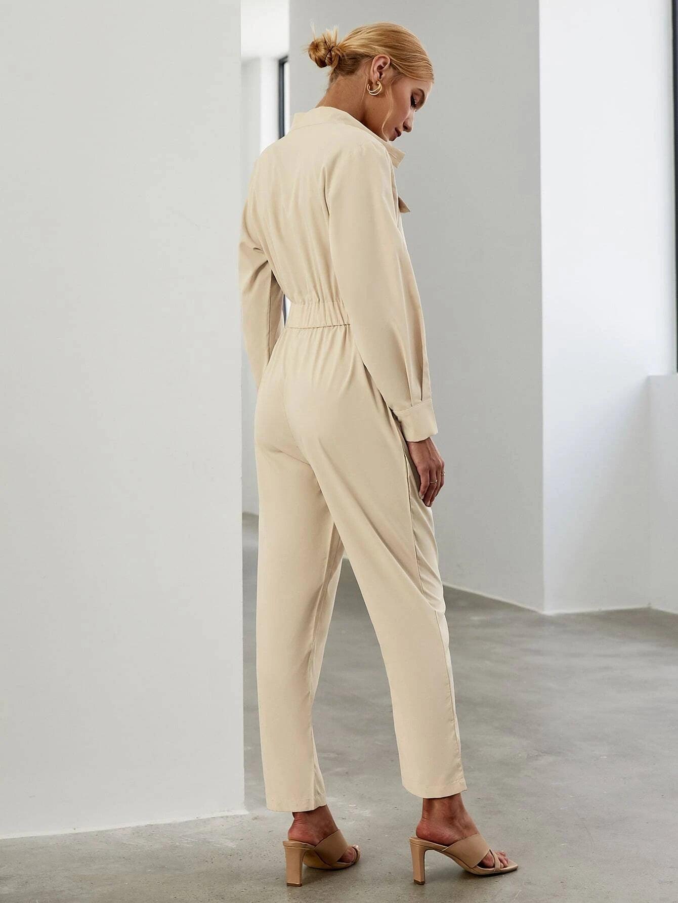 Flap Pocket Fold Pleated Jumpsuit-Comfy Jumpsuits